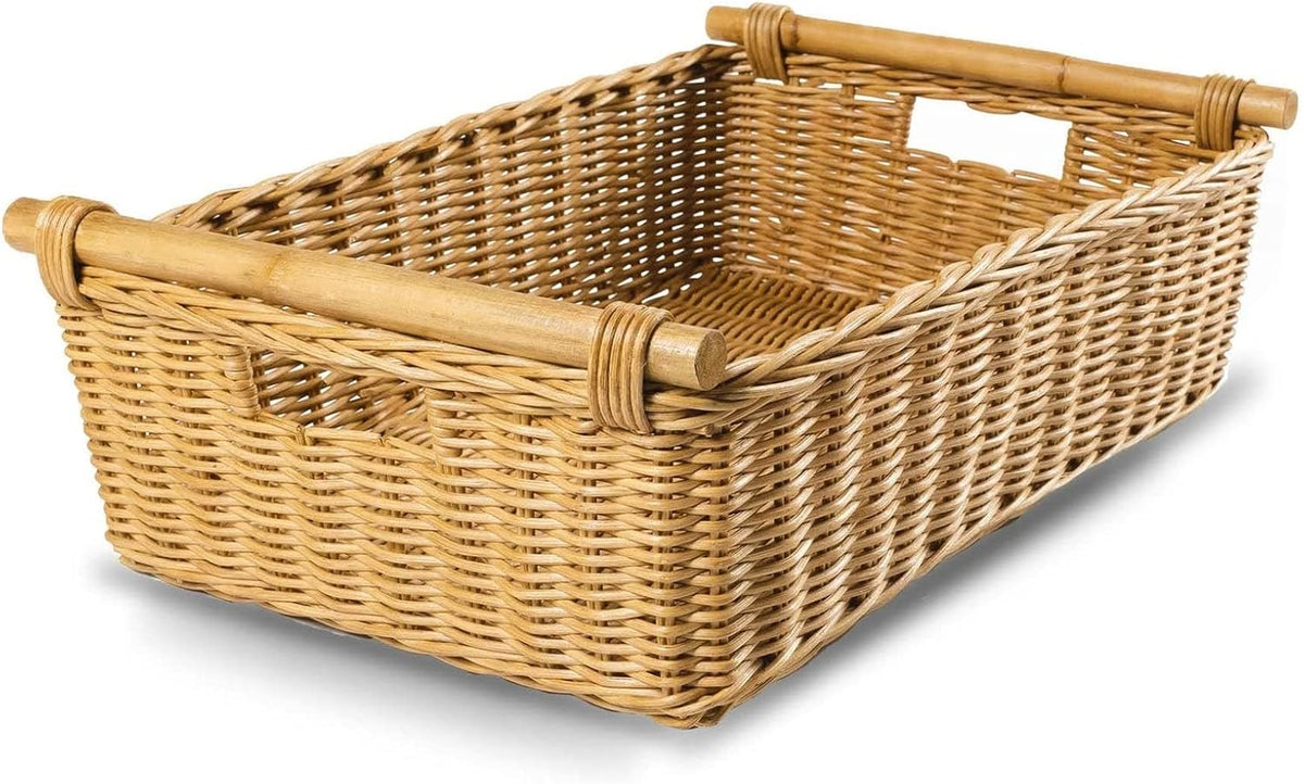 The Basket Lady Low Pole Handle Wicker Storage Basket, Extra Large, 21.5 in L x 14.5 in W x 6.5 in
