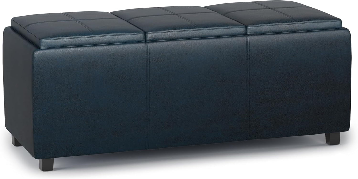 SIMPLIHOME Avalon 42 inch Wide Contemporary Rectangle Storage Ottoman in Distressed Dark Blue Vegan