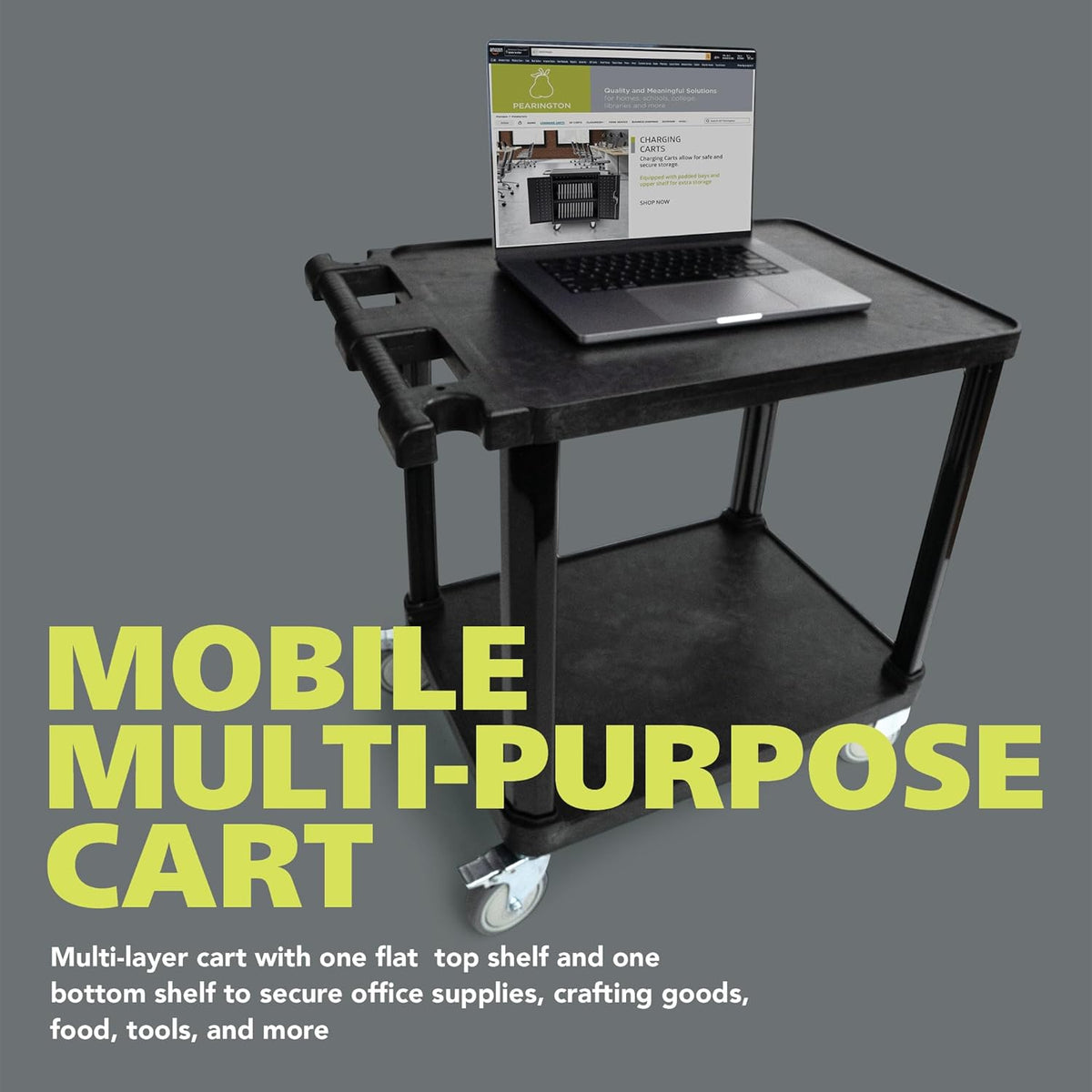 Pearington 2-Tier Compact Multi-Purpose Plastic Utility Cart with Lockable Wheels up to 150lbs