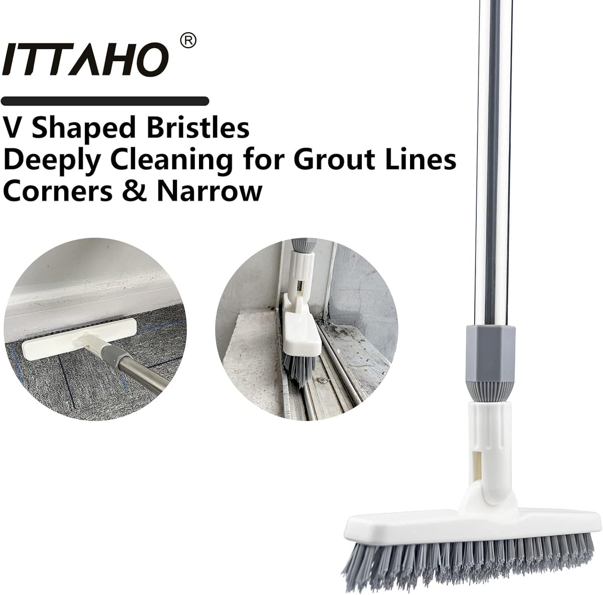 ITTAHO 2 Pack Grout Cleaning Brush with Long Handle, Swivel V-Shape Grout Scrub Brush, Extendable