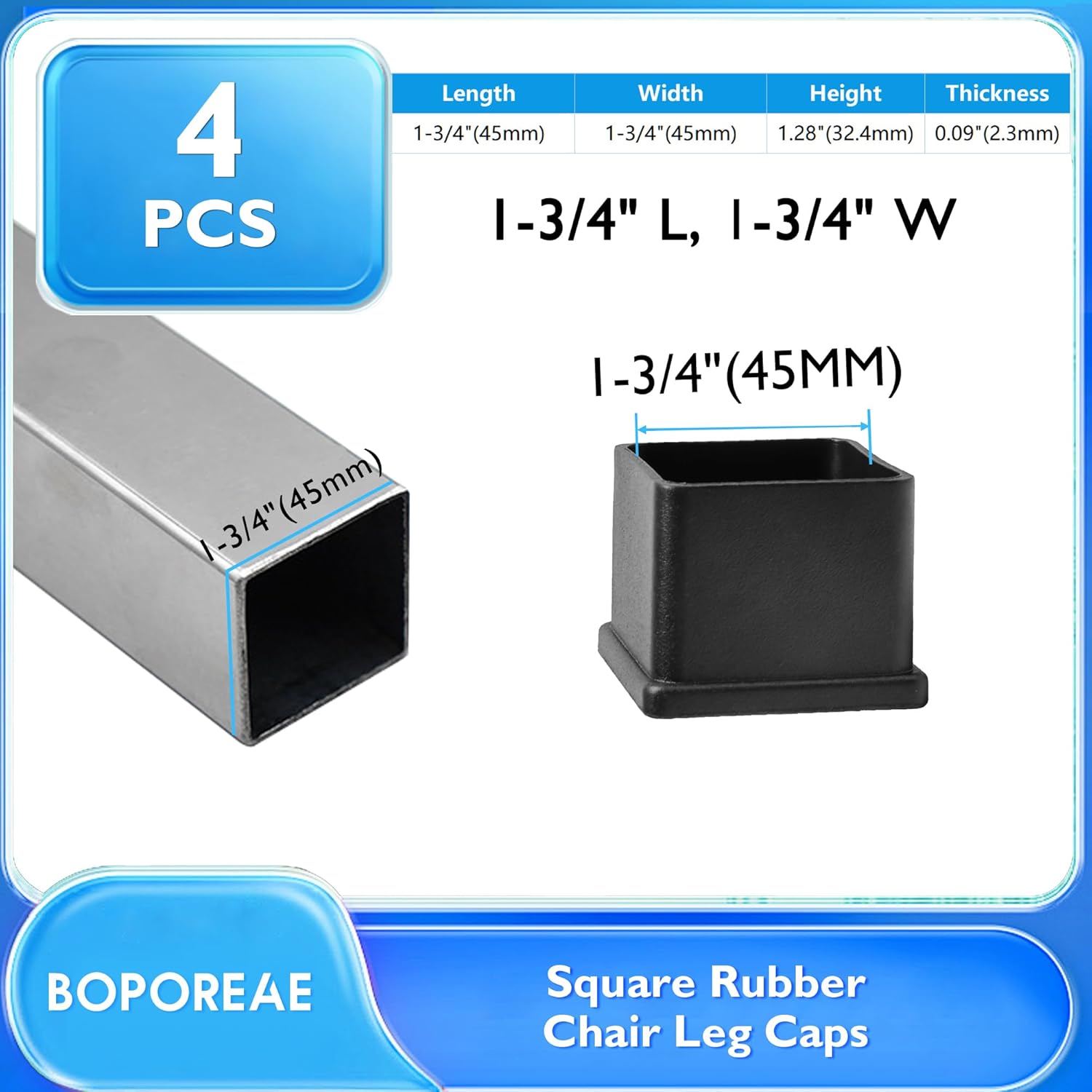 4 Pcs 1-3/4" x 1-3/4" Square Rubber Chair Leg Caps, PVC Table Leg Covers, Flexible & Anti-Slip