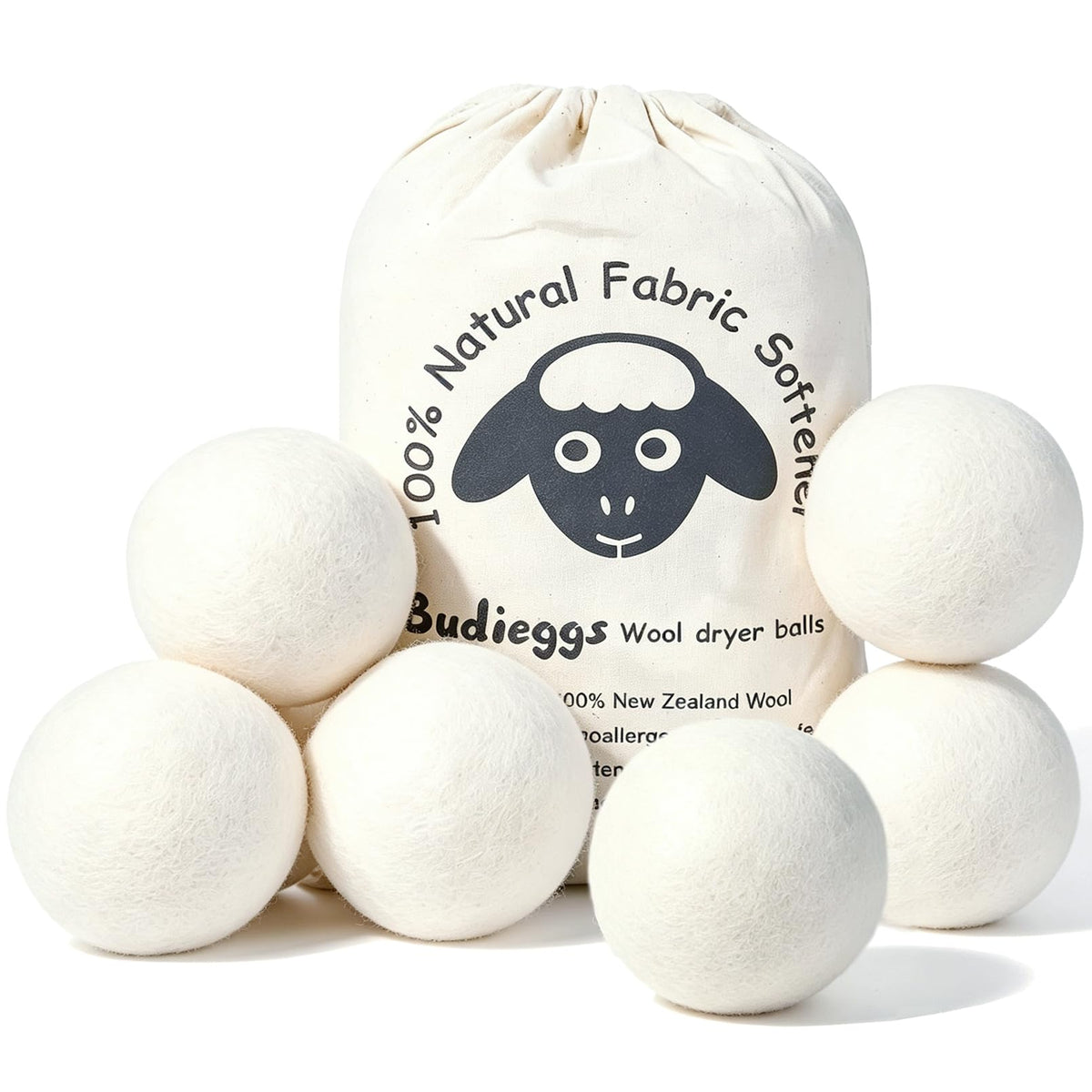 Budieggs Wool Dryer Balls XL 6-Pack, 100% New Zealand Wool Handmade