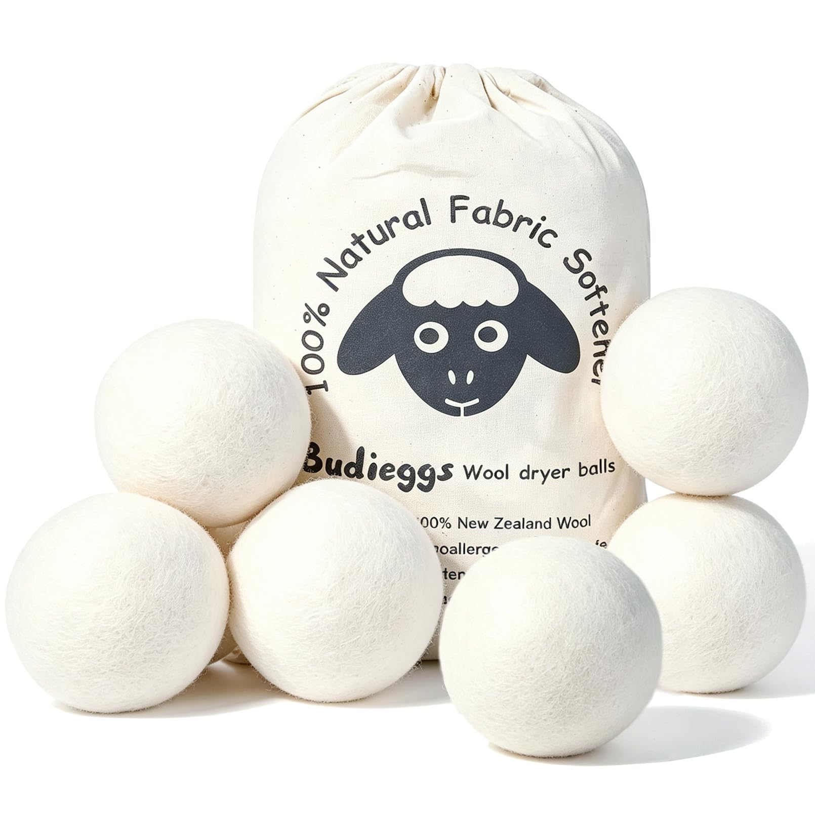 Budieggs Wool Dryer Balls XL 6-Pack, 100% New Zealand Wool Handmade