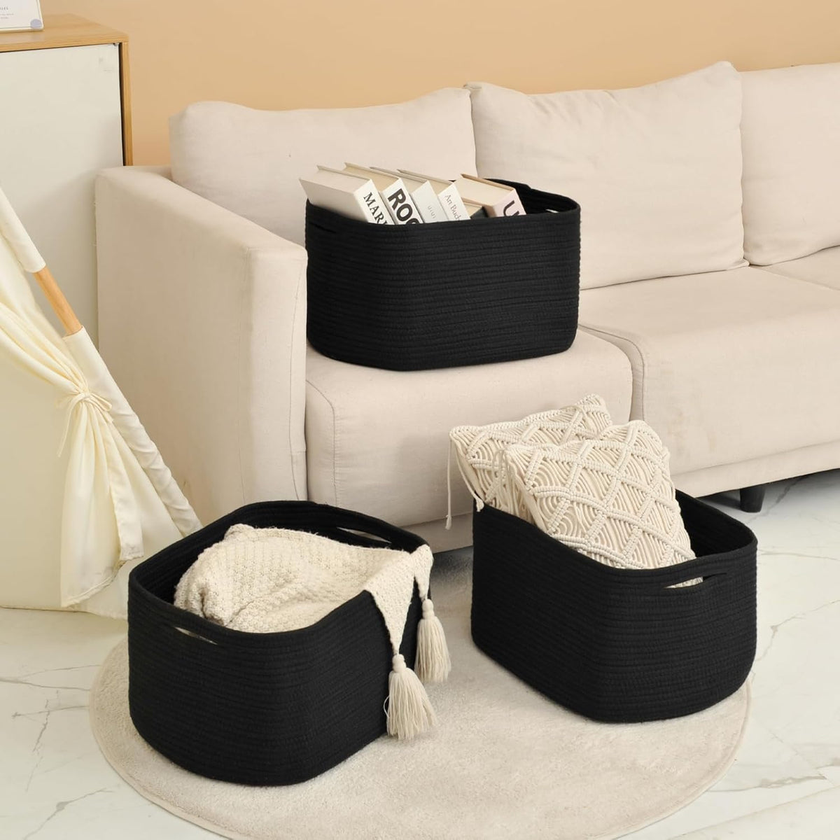 Large Storage Baskets for Organizing Shelves, Woven Cotton Rope Bins for Baby Nursery Organization