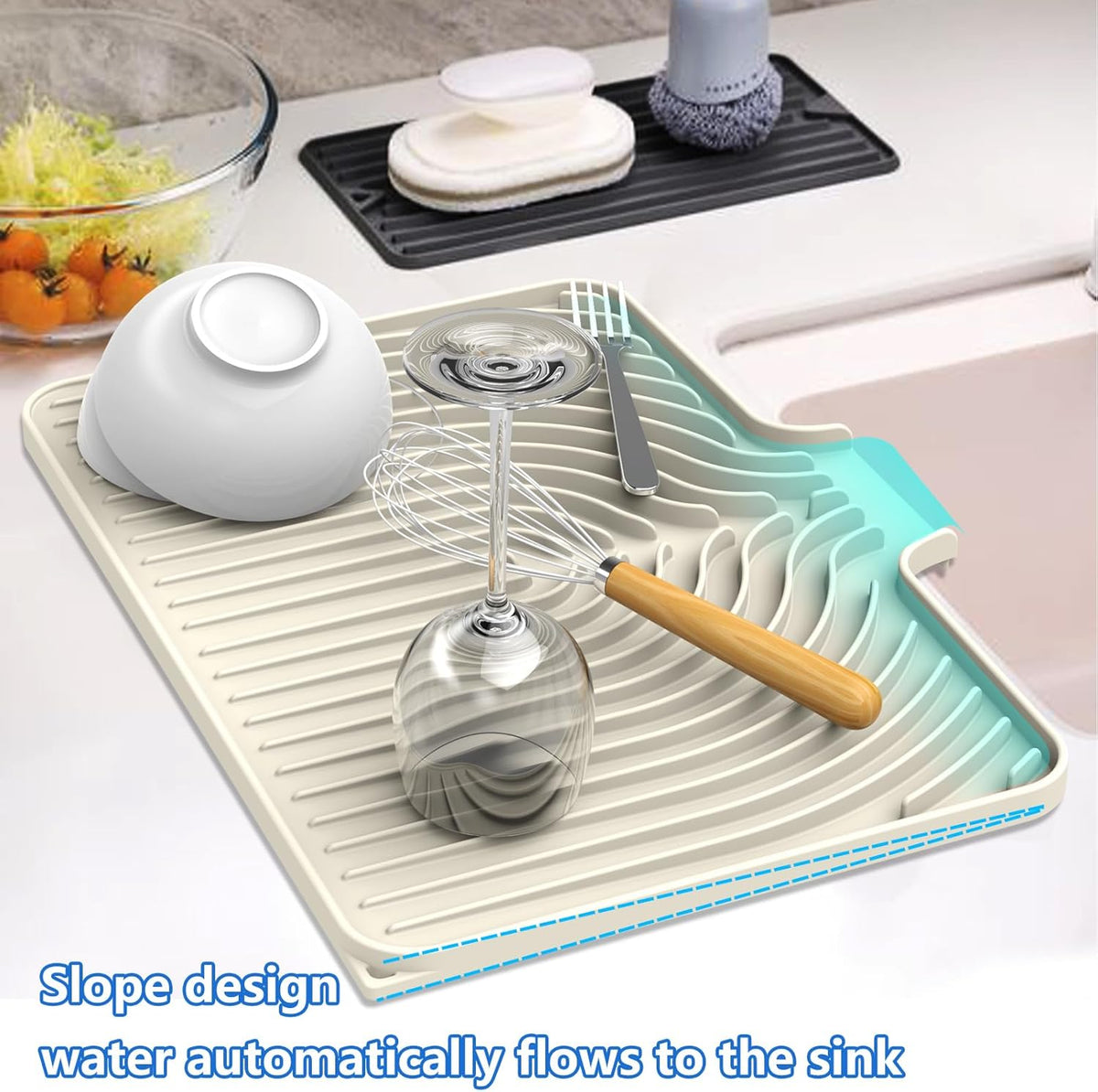 Dish Drying Matt for Kitchen Counter,18"×12"Silicone Dry Rack Mat with Built in Drain, Kitchen Dry
