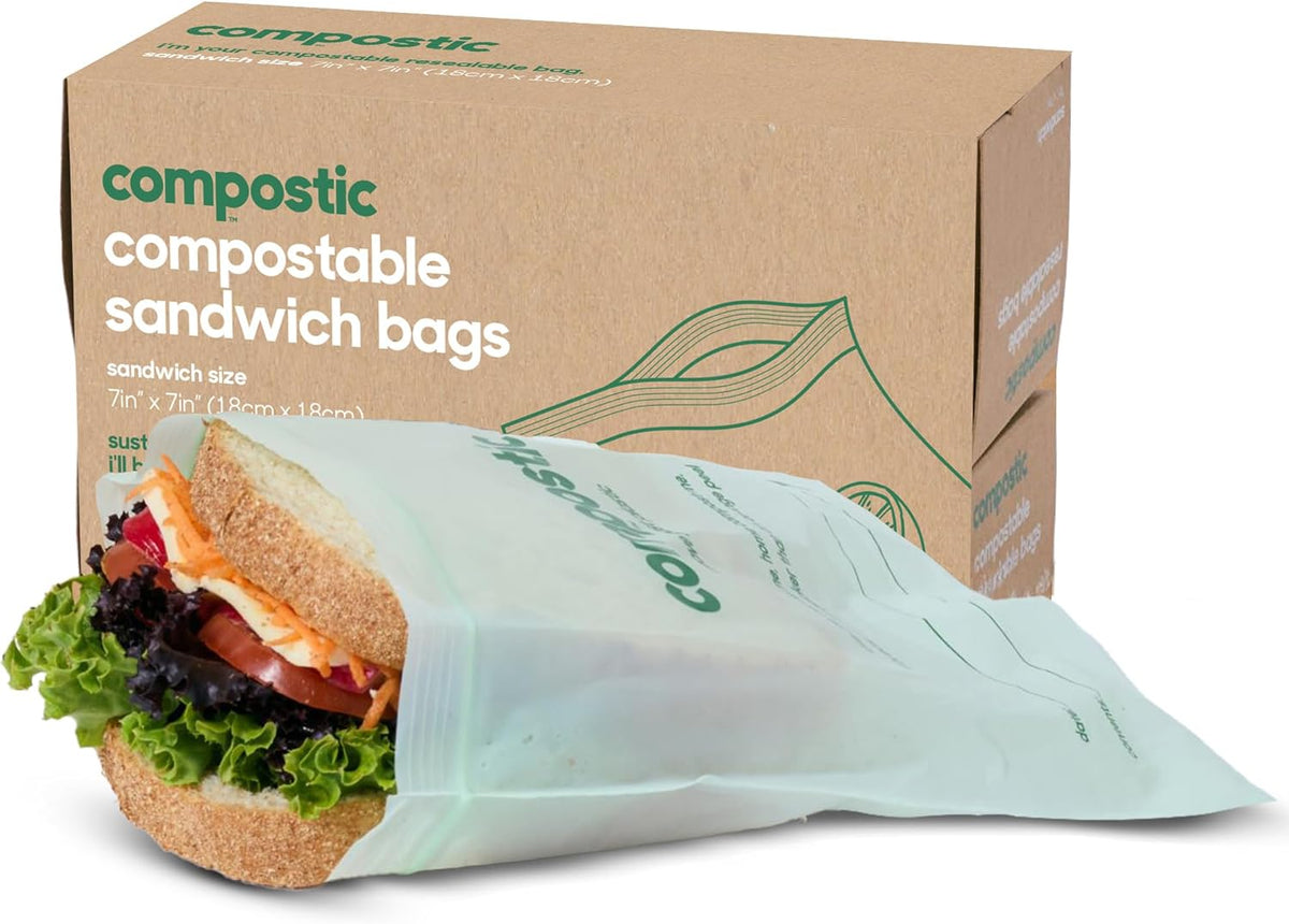 Compostic Home Compostable Resealable Sandwich Bags (7"x7"), Microwave & Freezer Safe, Organic Food