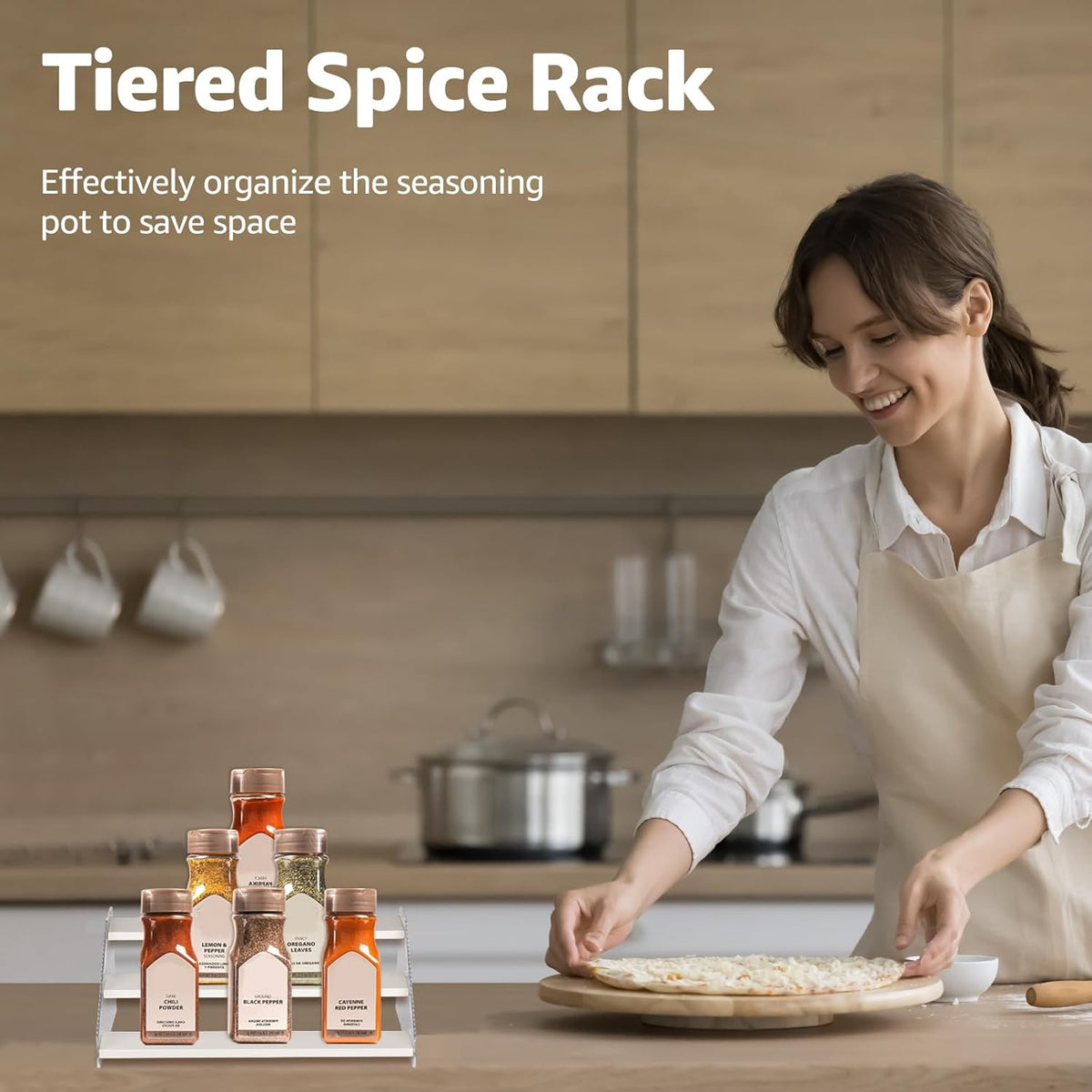 nianfeng Tiered Spice Rack, 3-Tier Spice Pantry Kitchen Cabinet Organizer, 12-Inch, Natural Wood