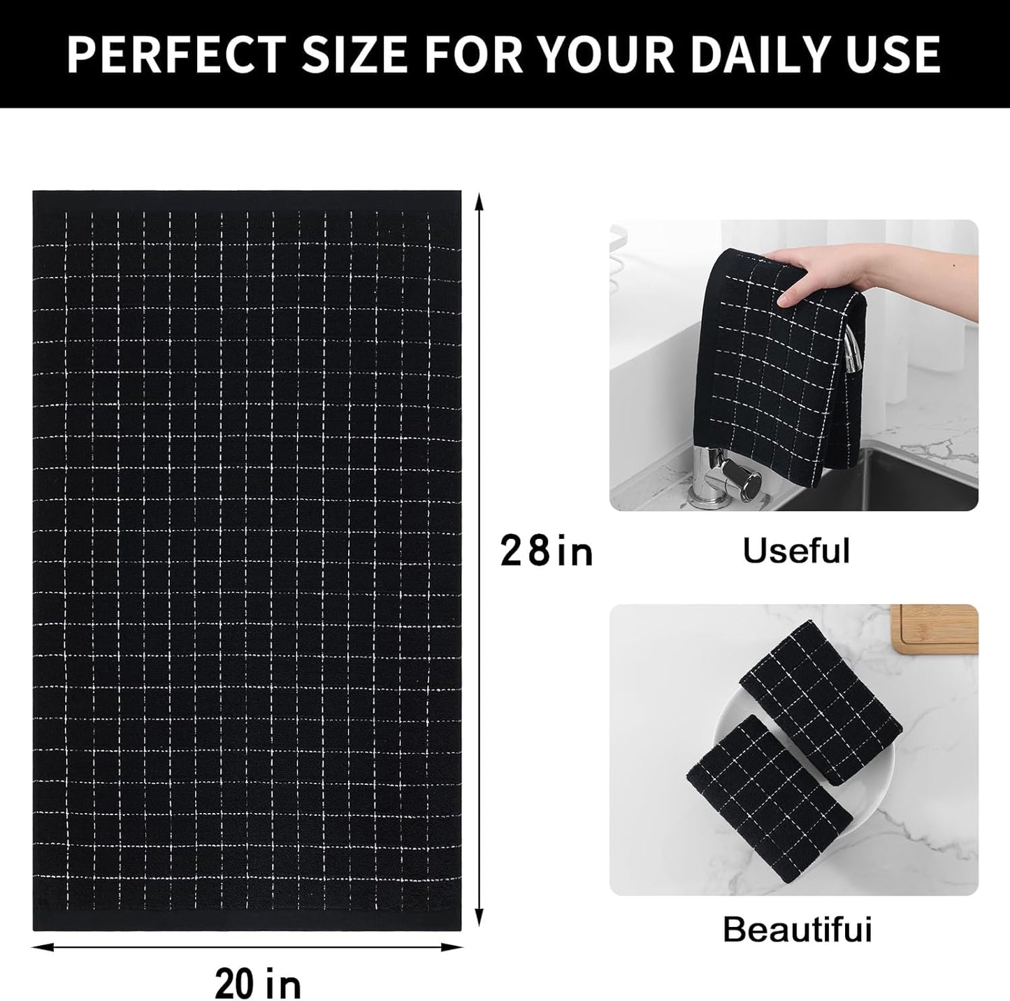 Homaxy 100% Cotton Terry Kitchen Towels(Black, 20 x 28 inches), Checkered Designed, Soft and Super
