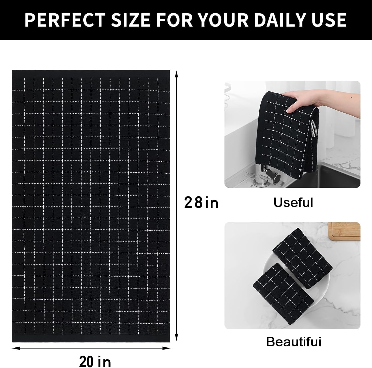 Homaxy 100% Cotton Terry Kitchen Towels(Black, 20 x 28 inches), Checkered Designed, Soft and Super