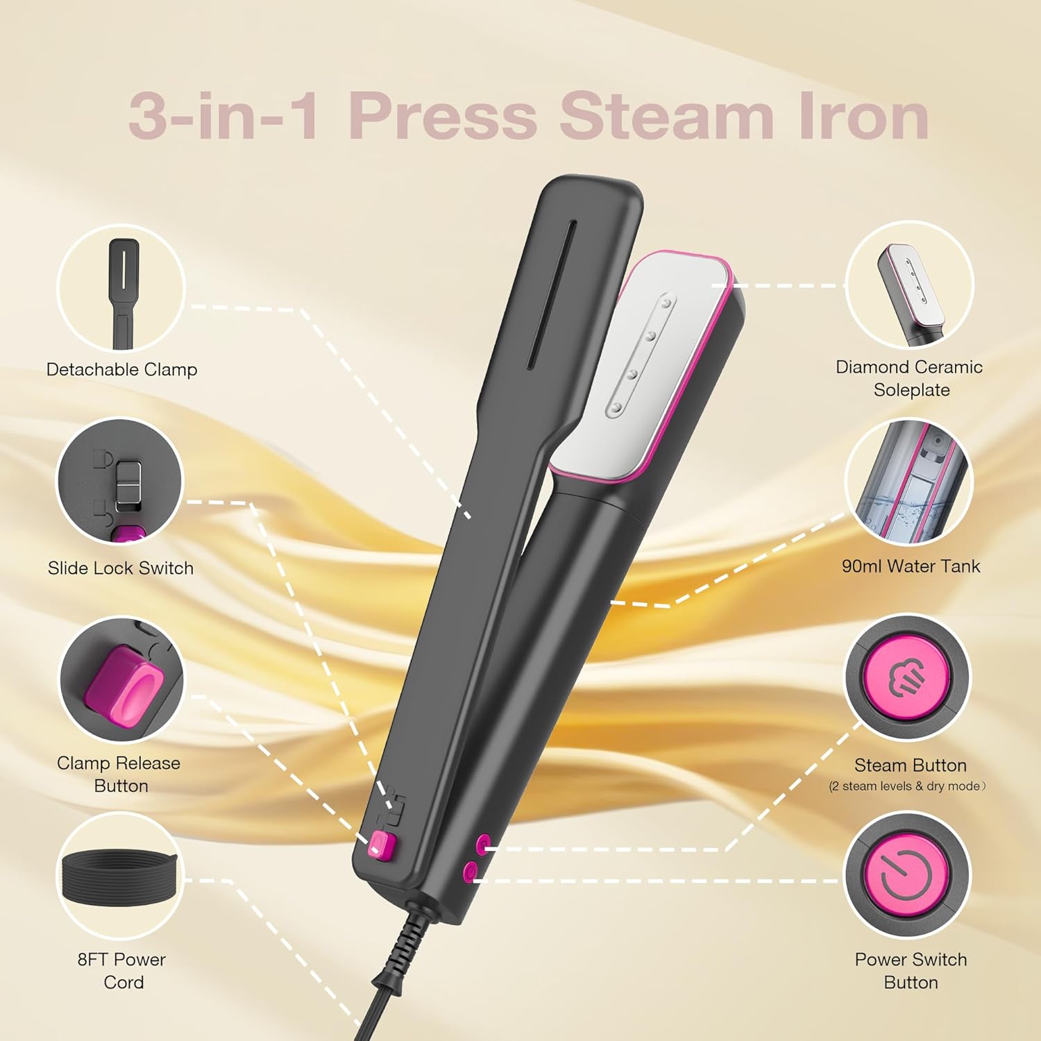 Newbealer 3in1 Clamp Travel Steam Iron with Global Voltage, 100-240V Clothes Steamer, Dry Ironing &