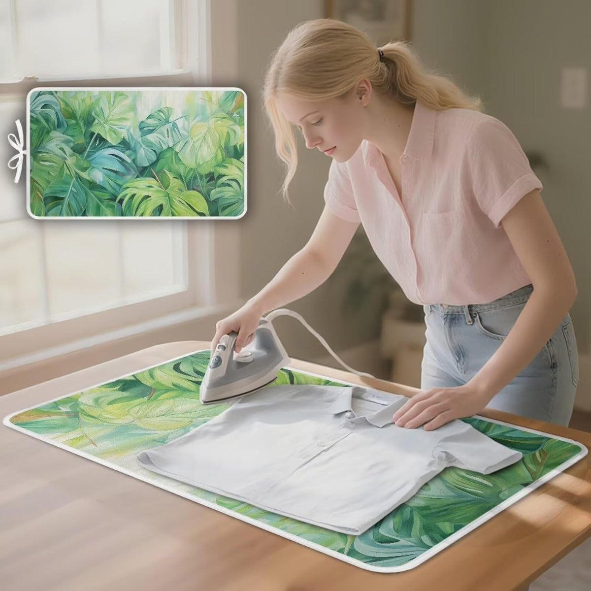 Green Ironing Mat Portable Ironing Pad Monstera Leaf 32 x 16 Inch Large Ironing Mat for Table Top