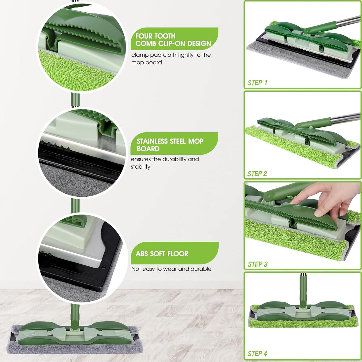MASTERTOP Microfiber Mop - Flat Floor Mops Wet Dry Dust Mop with 4 Washable Pads & 52.4'' Stainless