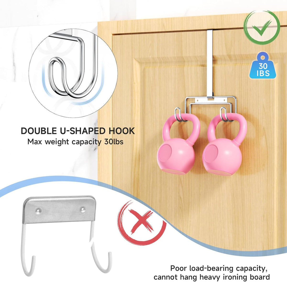Over The Door & Wall Mount Ironing Board Hanger with Removable Hook, Metal Ironing Board Holder