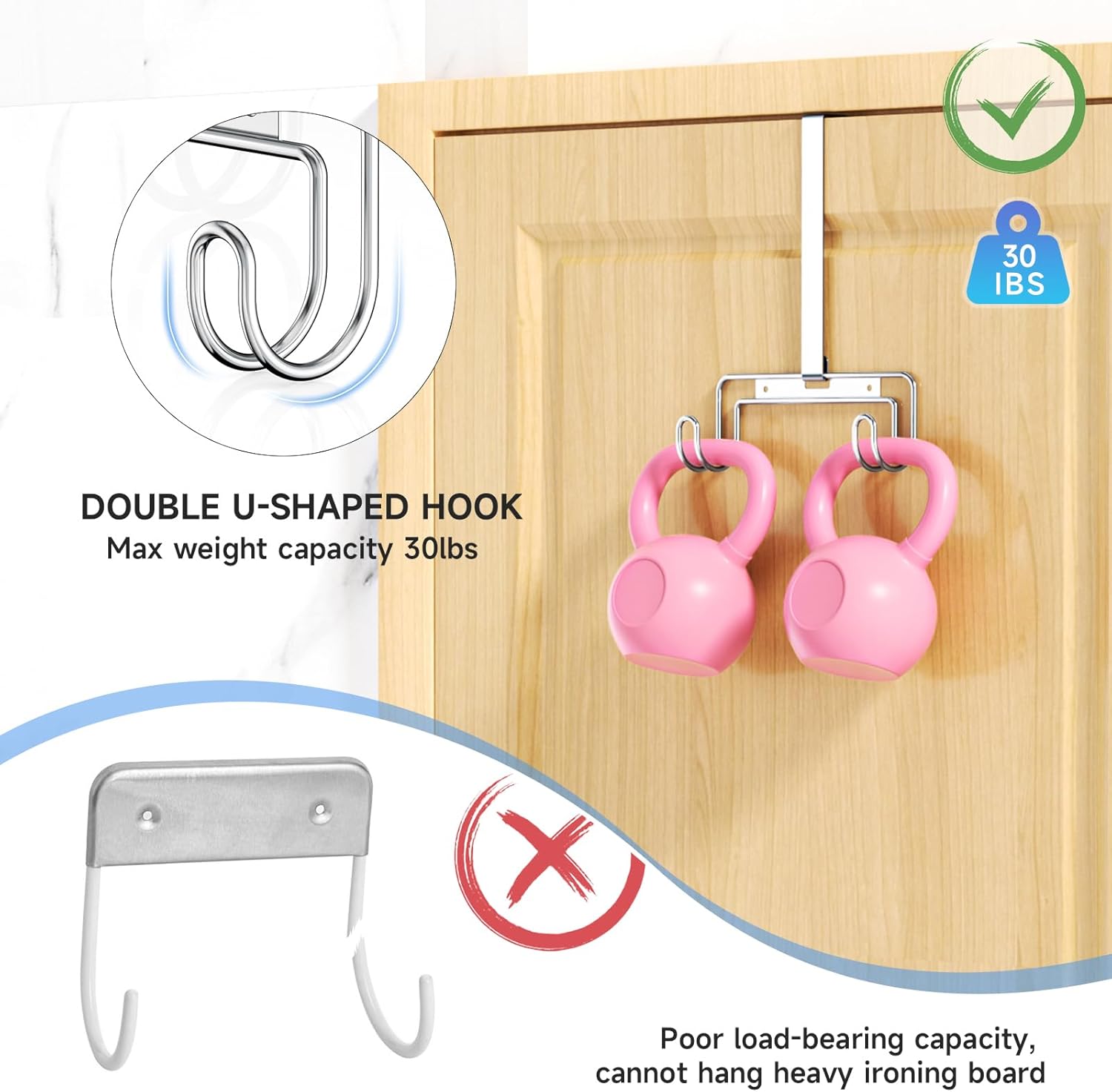 Over The Door & Wall Mount Ironing Board Hanger with Removable Hook, Metal Ironing Board Holder