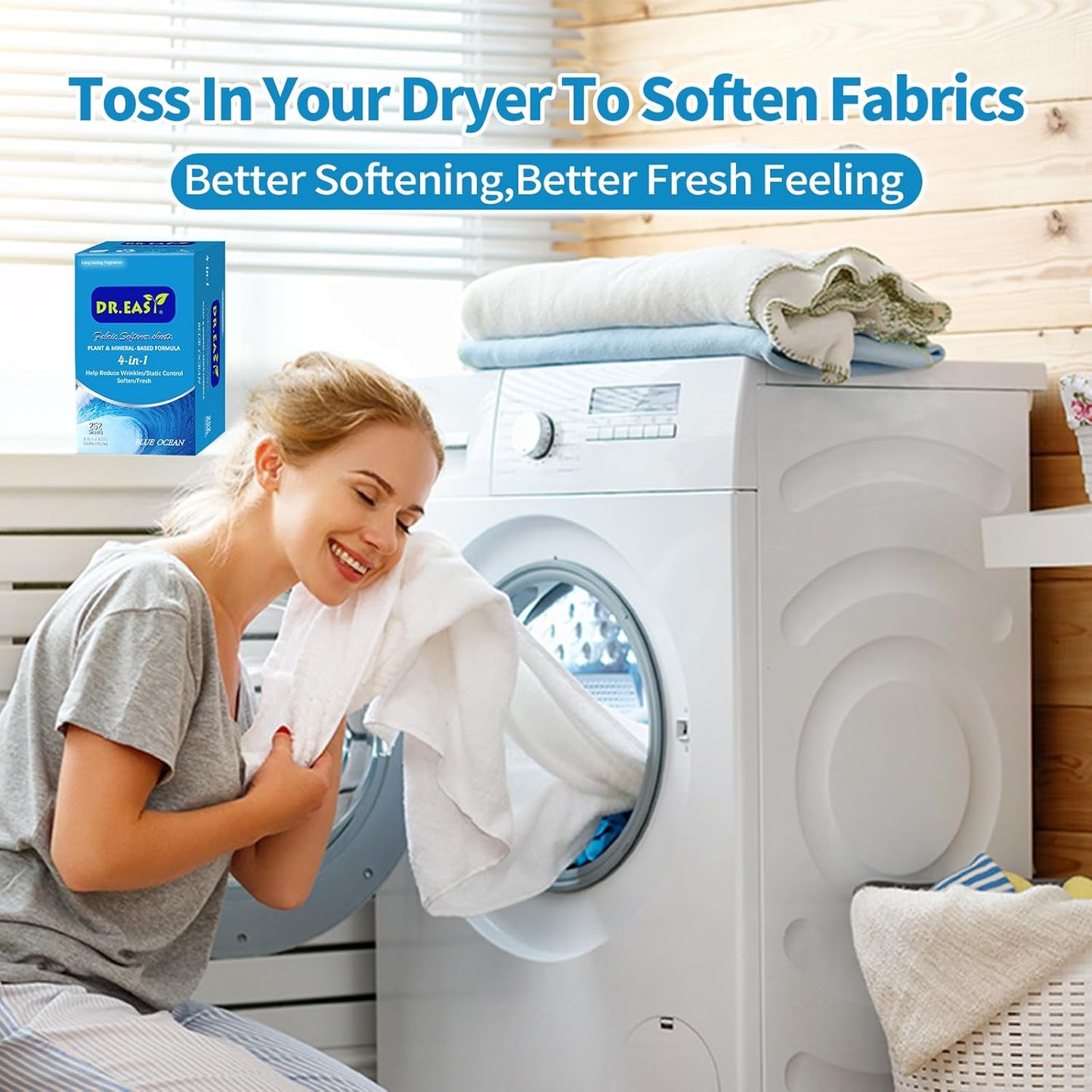 DR.EASY Dryer Sheets Plant Based Formula 252 Ct BLUE OCEAN,Softener sheets for Laundry Unscented No