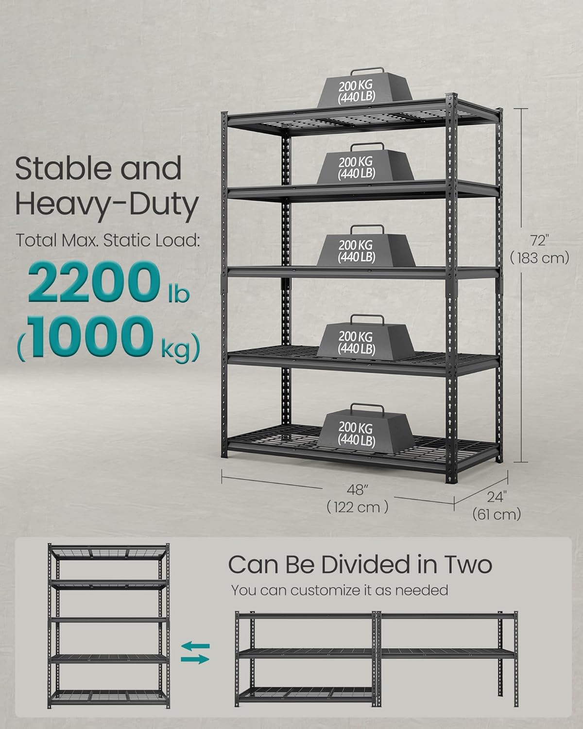 SONGMICS 5-Tier Storage Shelves, Heavy-Duty Garage Shelving, Adjustable Shelving Unit, Steel Shelf