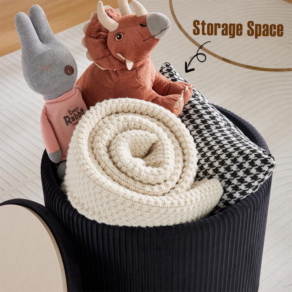 Big Round Ottoman with Storage Set of 2,Upholstered Velvet Vanity Stool for Makeup Multifunctional