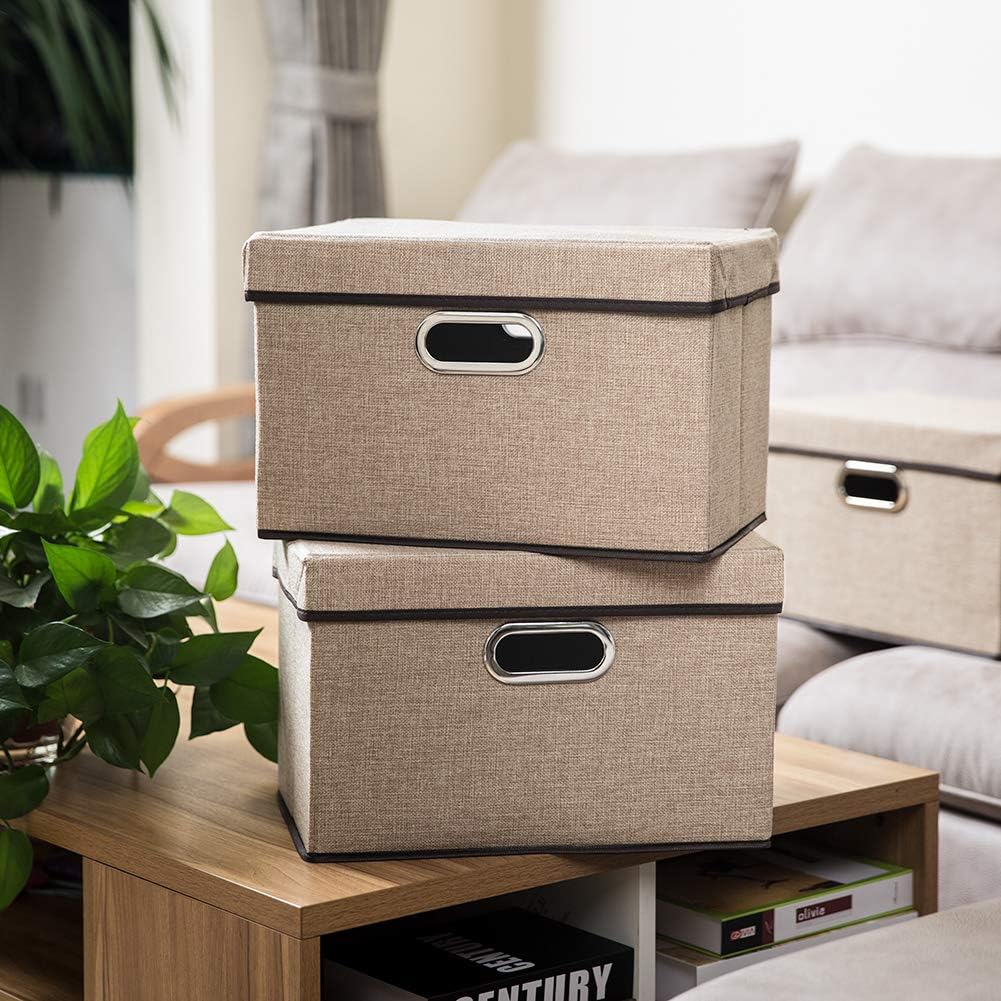 PRANDOM Collapsible Storage Containers with Lids [5-Pack] Jute Fabric Foldable Storage Bins Boxes