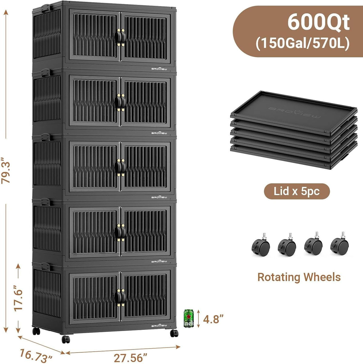BROVIEW 600Qt Stackable Storage Bins with 5 Lids, Extra Large Closet Organizer Collapsible Drawer
