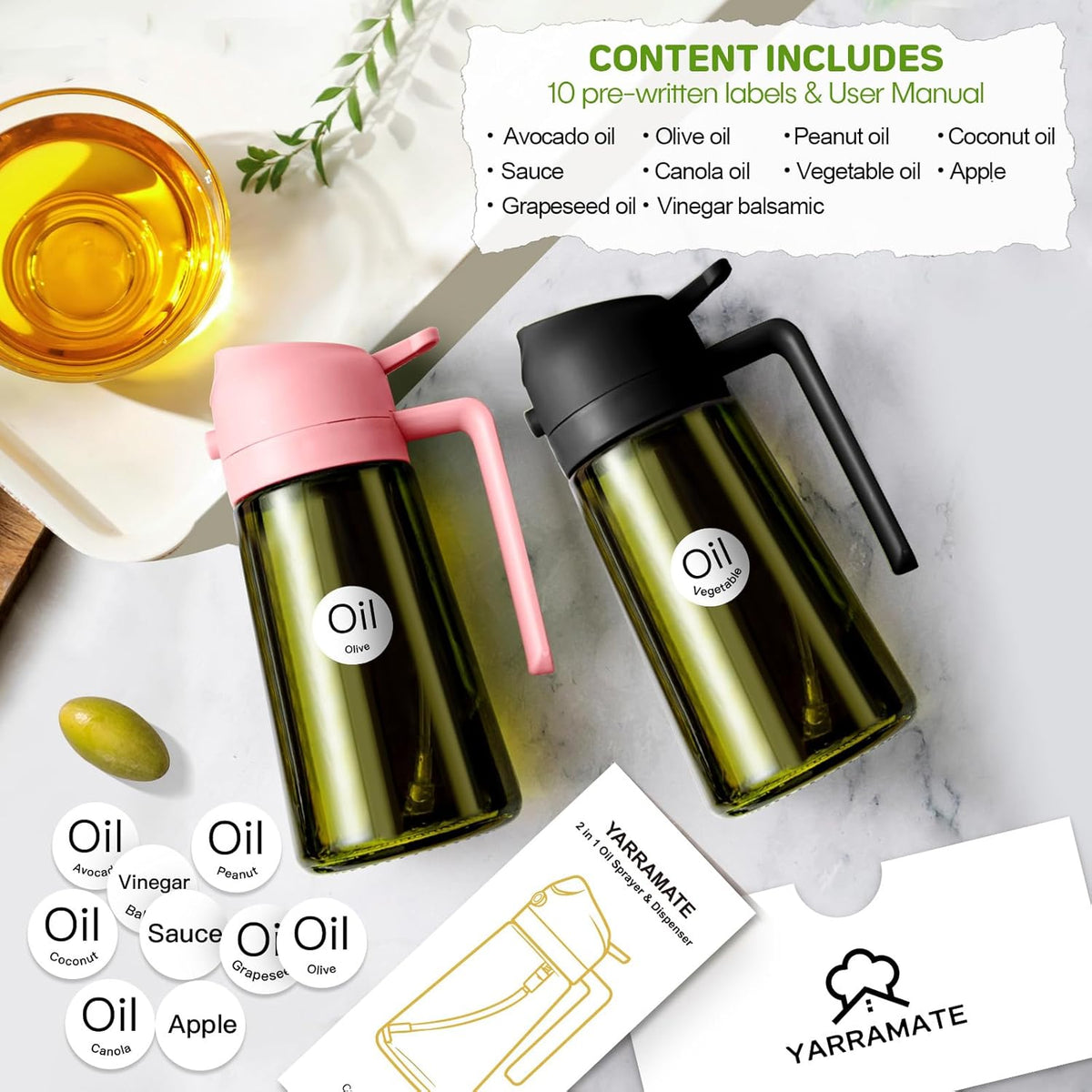 YARRAMATE 16oz/470ml Dark Green Oil Sprayer for Cooking with Stickers, Food-grade Premium 2 in 1