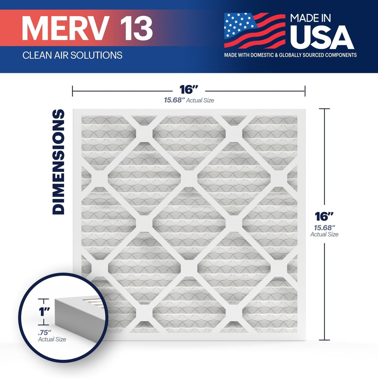 BNX TruFilter 16x16x1 Air Filter MERV 13 (6-Pack) - MADE IN USA - Electrostatic Pleated Air