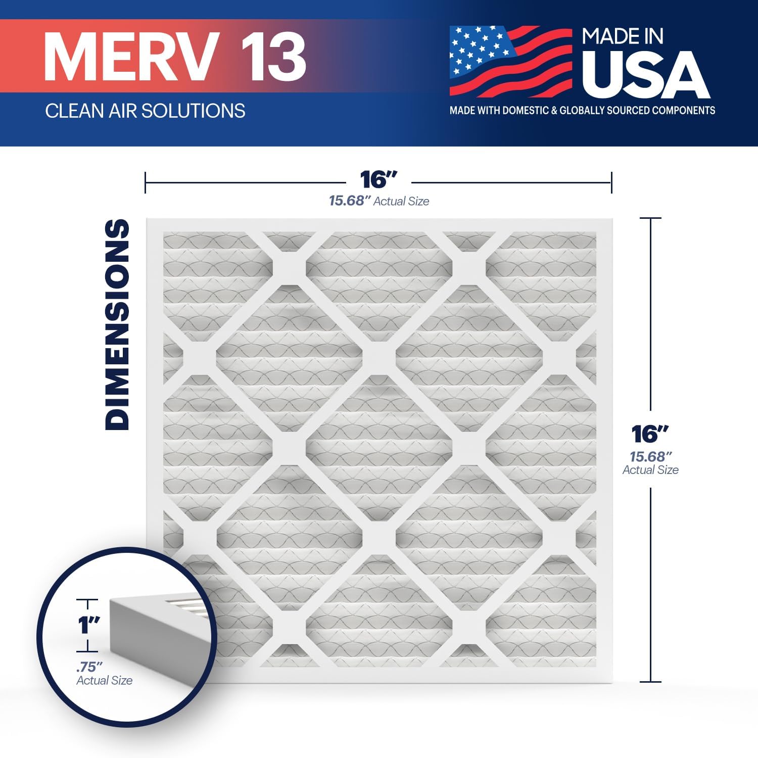 BNX TruFilter 16x16x1 Air Filter MERV 13 (6-Pack) - MADE IN USA - Electrostatic Pleated Air