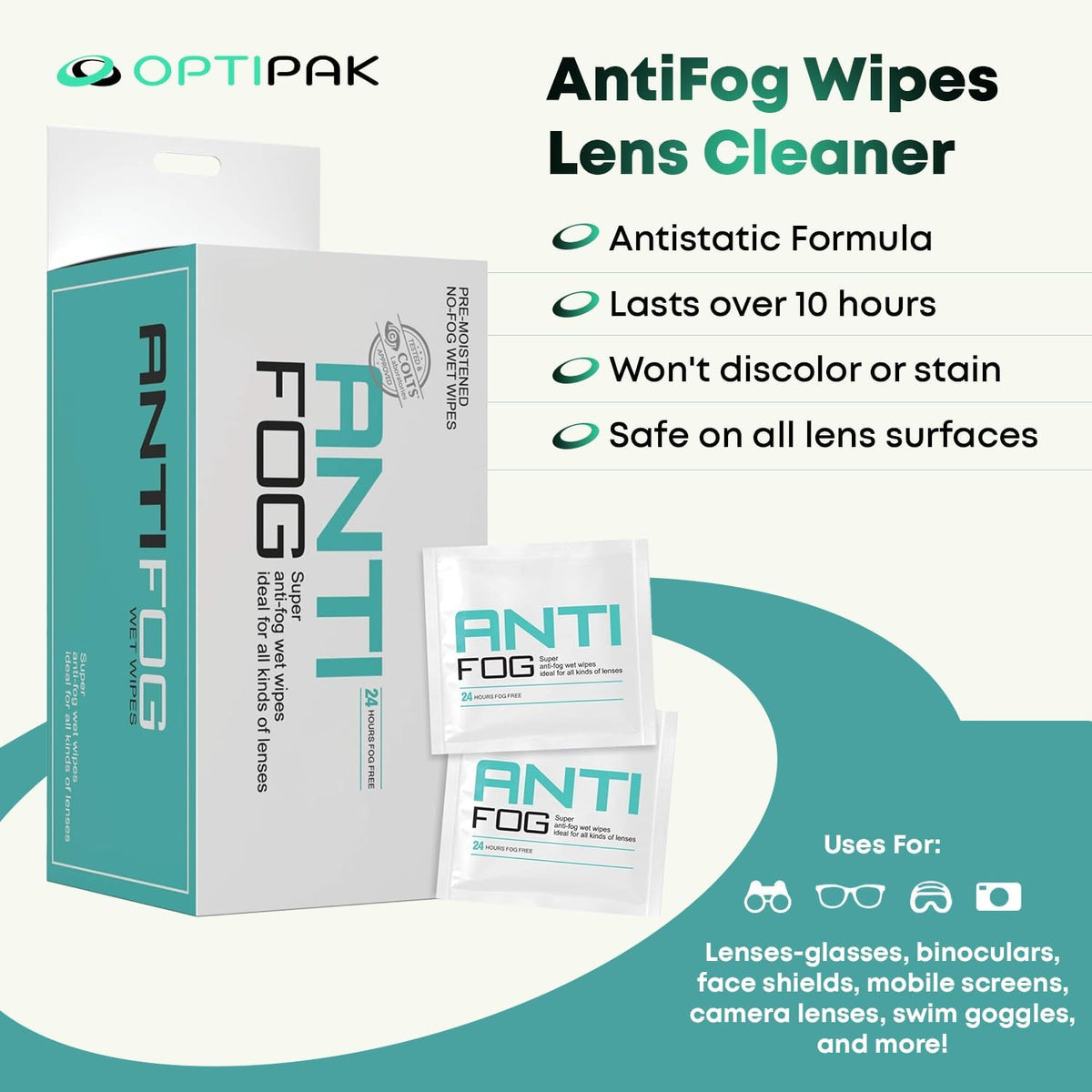 Anti Fog Wipes for Glasses, Binoculars, Face Shields, Ski Masks or Swim Goggles | Pre-Moistened
