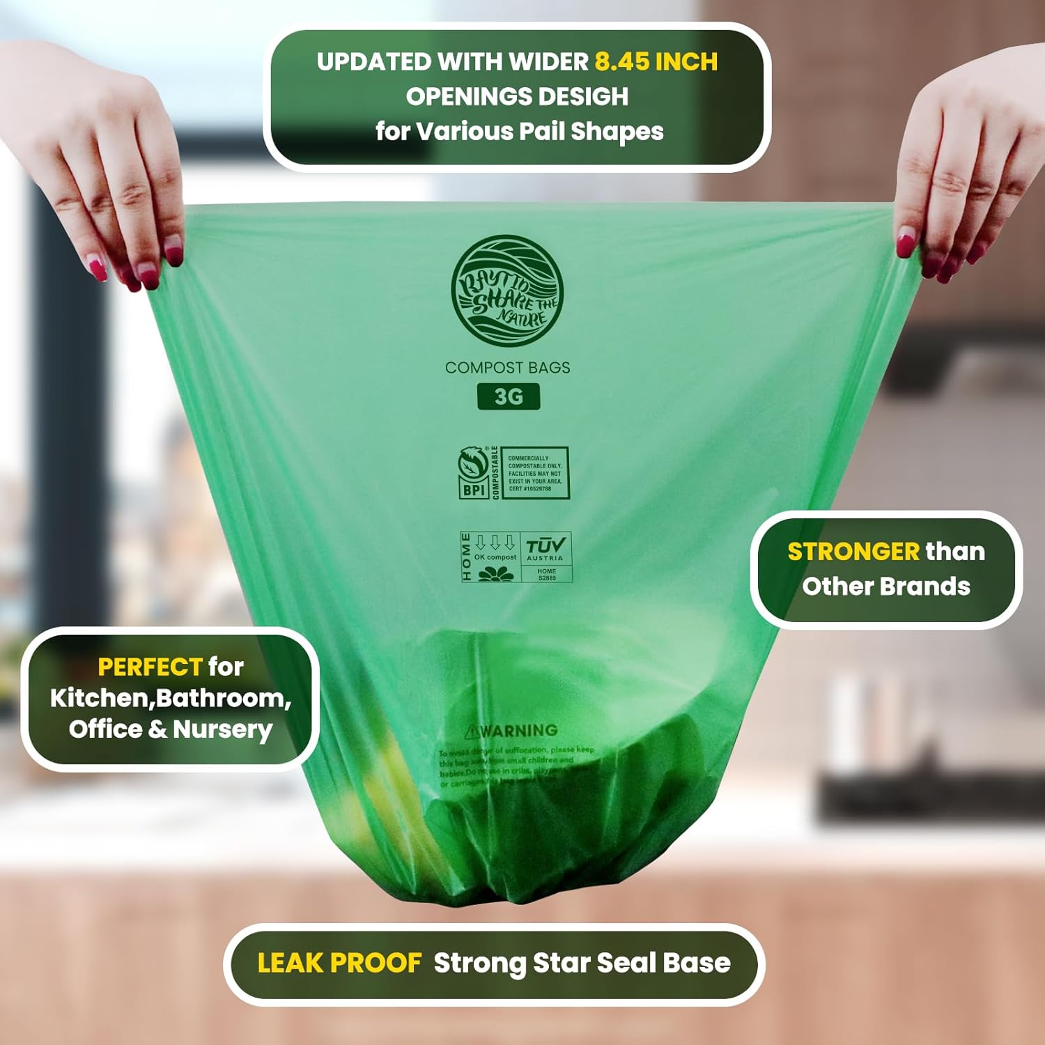Compost Bags 3 Gallon,100 Count,Compost Food Scrap Waste Bags Fits Countertop Bin,Small Kitchen