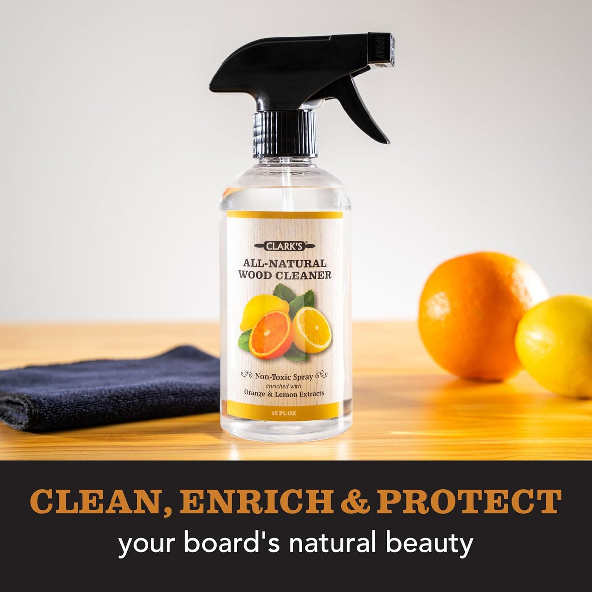 CLARK'S Natural Cutting Board Spray Cleaner, with Microfiber Cloth, for Wood Countertop – Pure