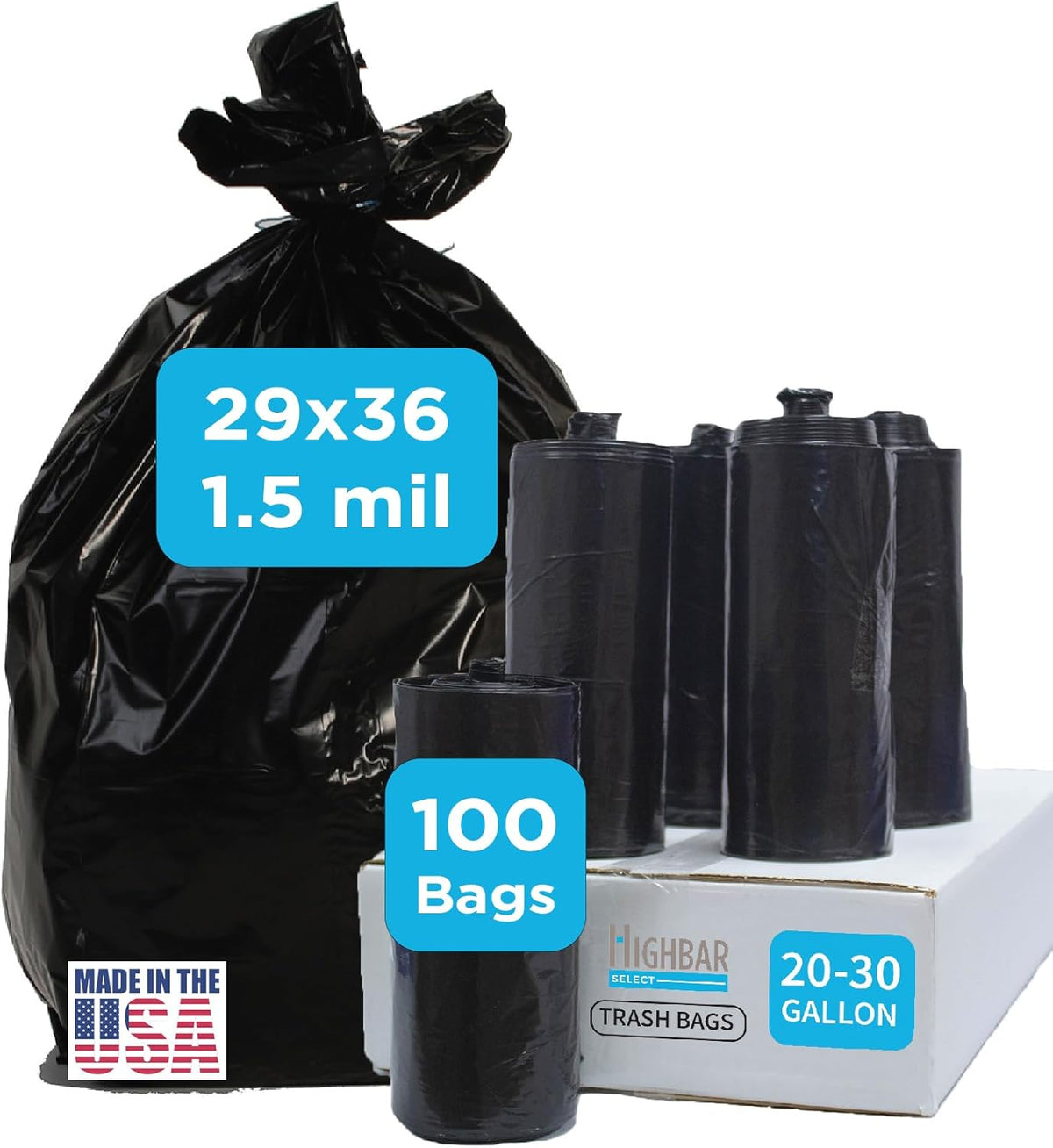 Black Trash Bag, Heavy Duty 20-30 Gallon Bag for Kitchen and Bathroom, Unscented, 1.5 Mil