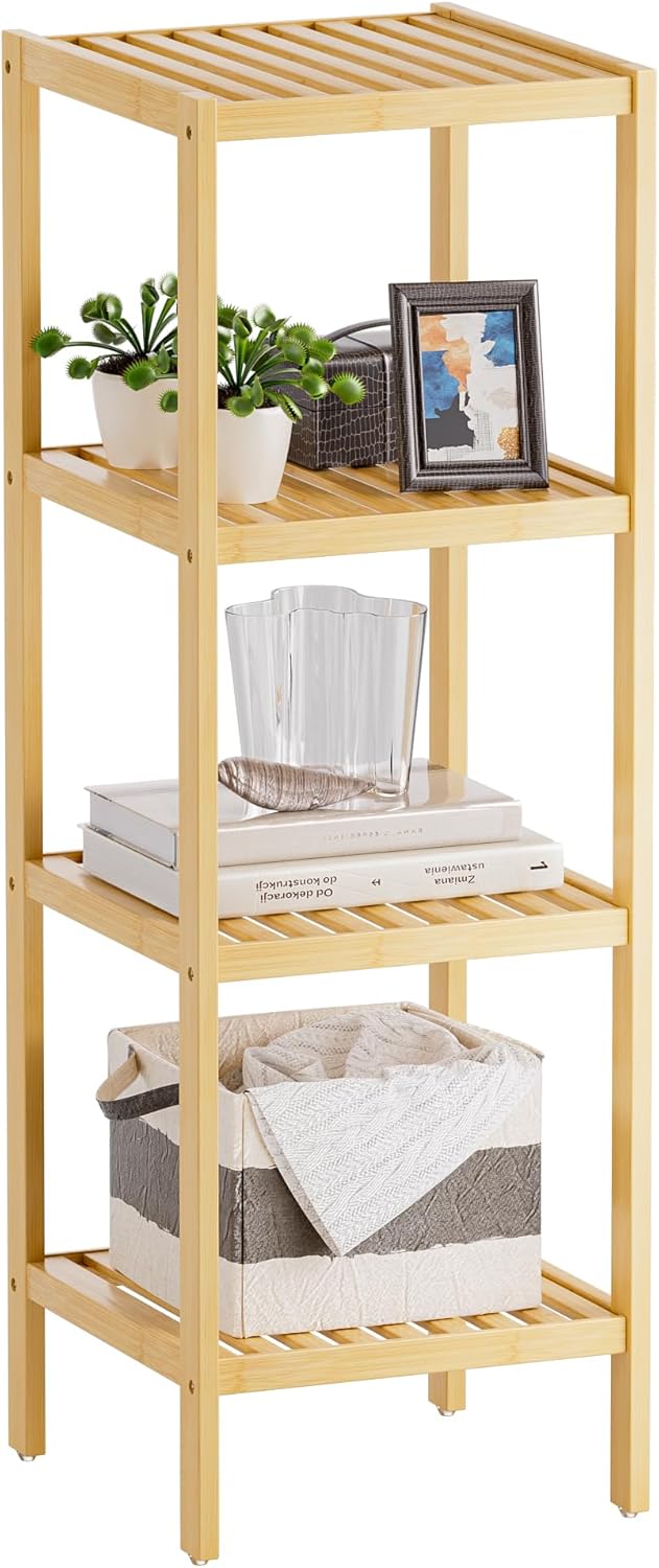 SMIBUY Bathroom Storage Shelf, 4-Tier Bamboo Rack Organizer, Multifunctional Shelving Unit for