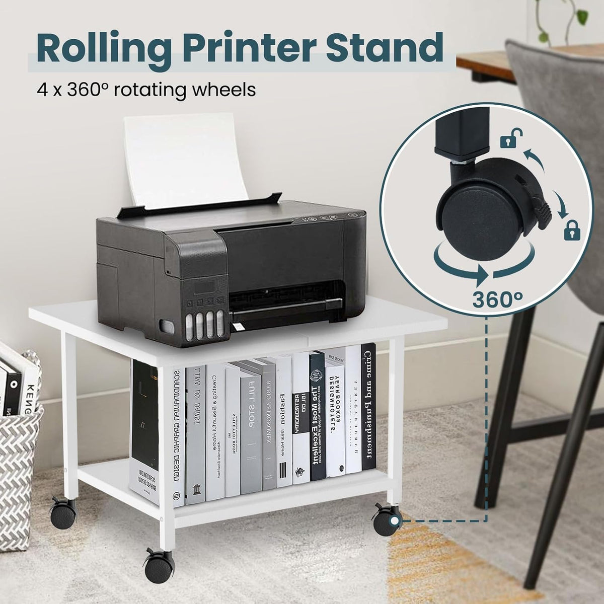 Printer Stand with Storage Under Desk Shelf, Desktop Printer Stand Organizer, Rolling Printer Cart