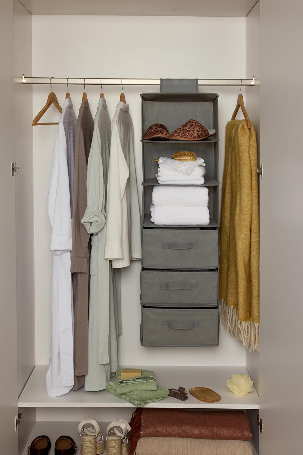 Amazon Basics 6-Tier Hanging Shelf Closet Storage Organizer with Removable Drawers, Grey, 6.9"D x
