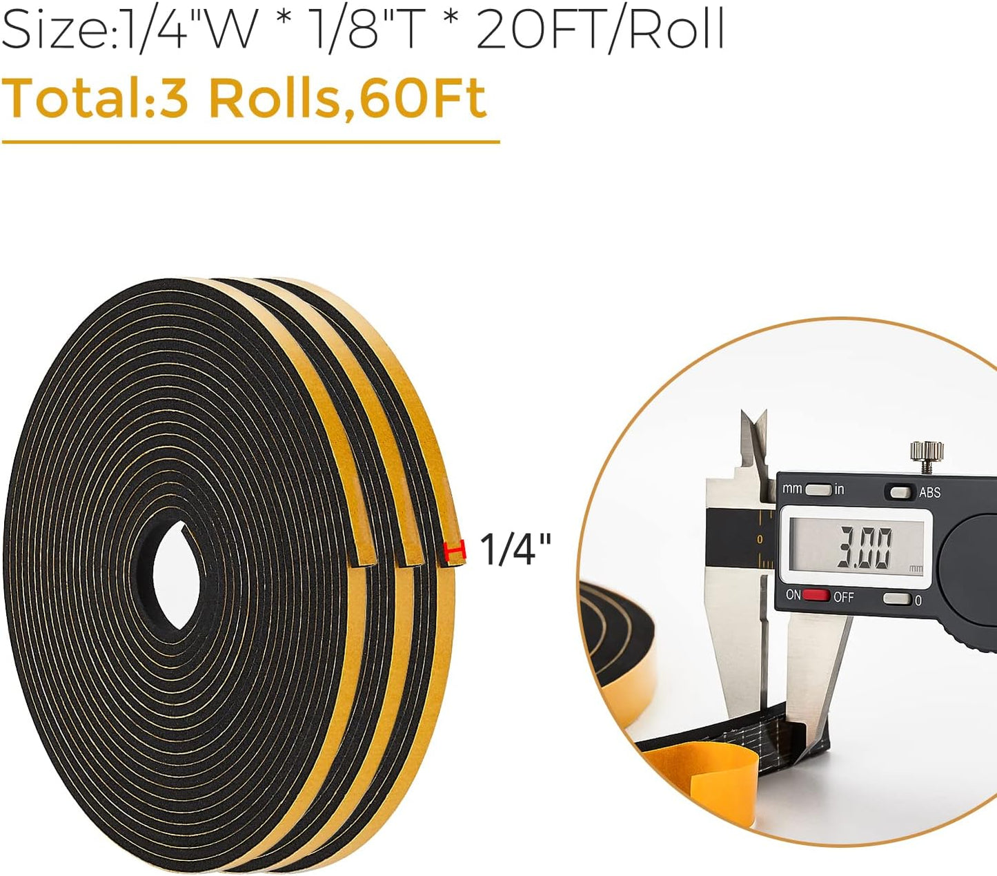 60 Feet Weather Stripping Door Seal, 1/4" Wide X 1/8" Thick Door Seal Strip High Density Foam Tape