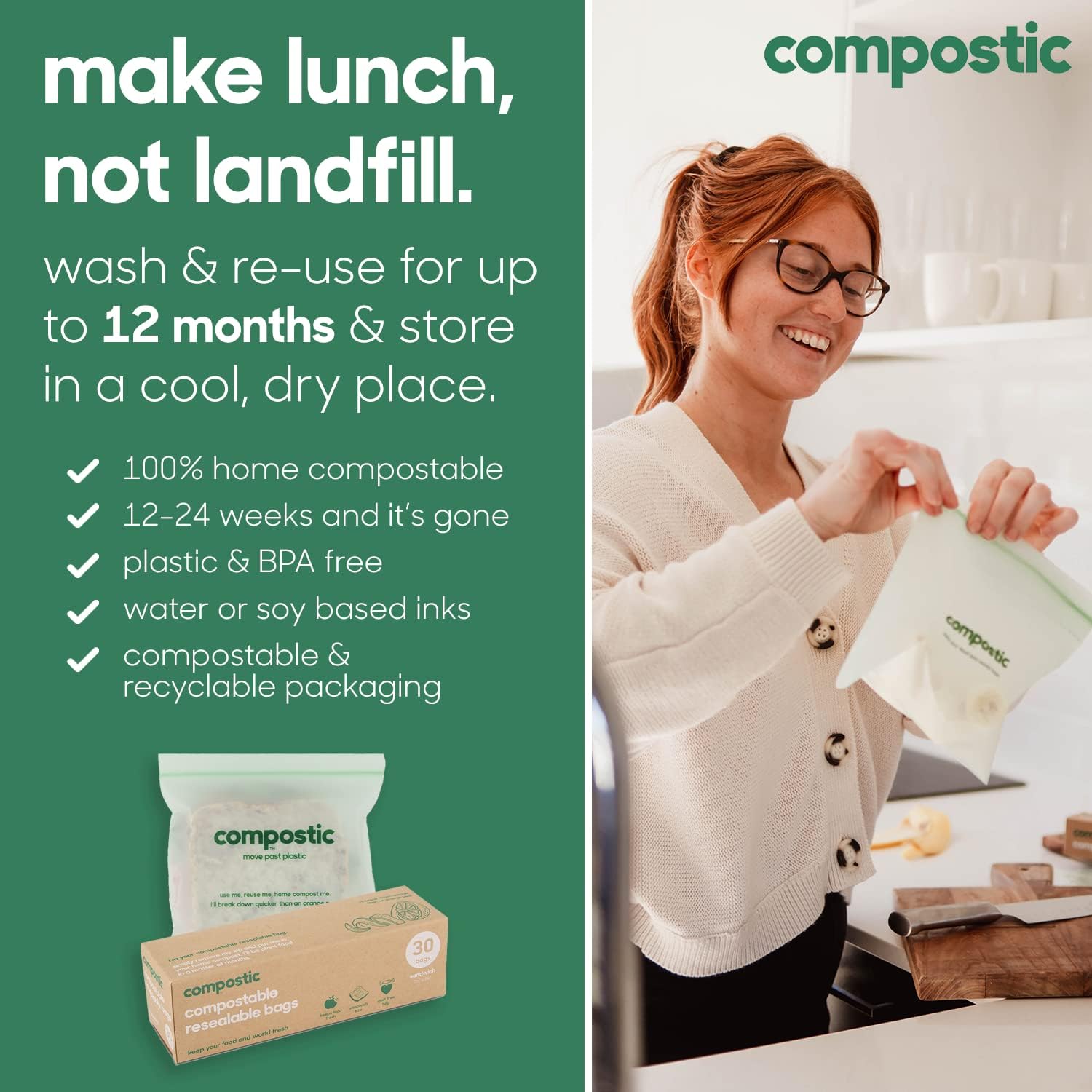 Compostic Home Compostable Resealable Sandwich Bags (7"x7"), Microwave & Freezer Safe, Organic Food