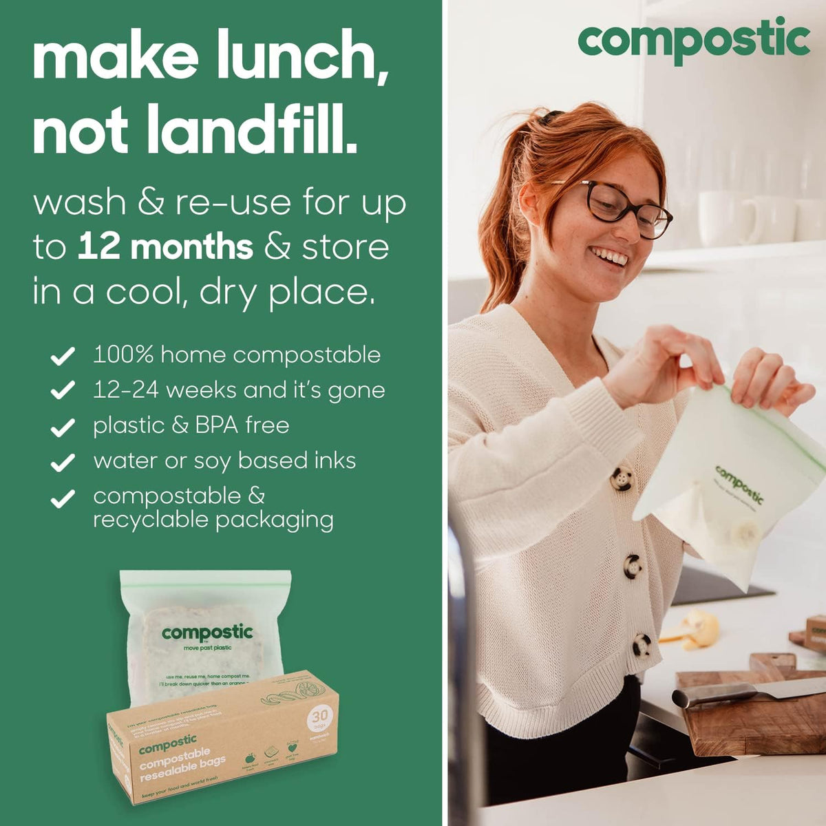 Compostic Home Compostable Resealable Sandwich Bags (7"x7"), Microwave & Freezer Safe, Organic Food