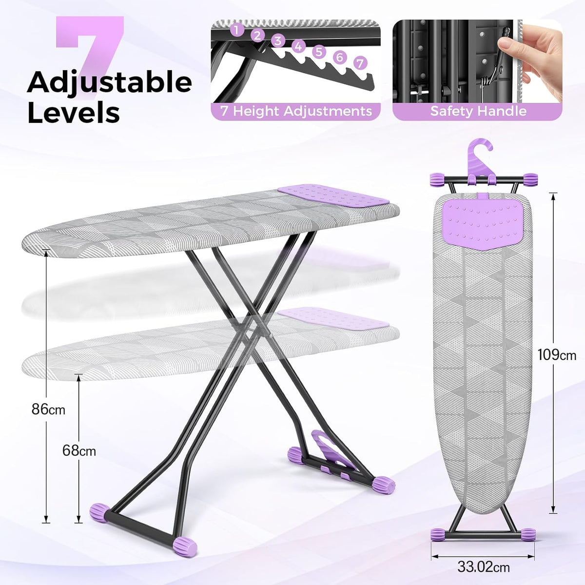 KINGBOARD Ironing Board, Compact Iron Board with Silicon Iron Mat, Heat Resistant Cover, 7 Height