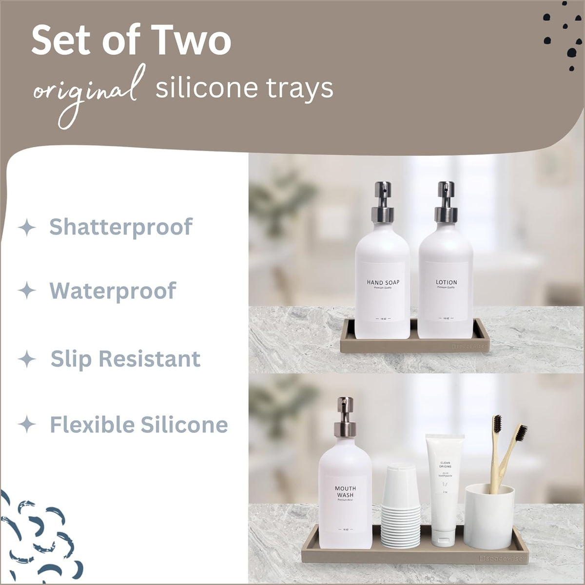 Countertop and Vanity Tray - 2 PC (11” and 7”) Shatterproof Silicone Kitchen and Bathroom Trays for