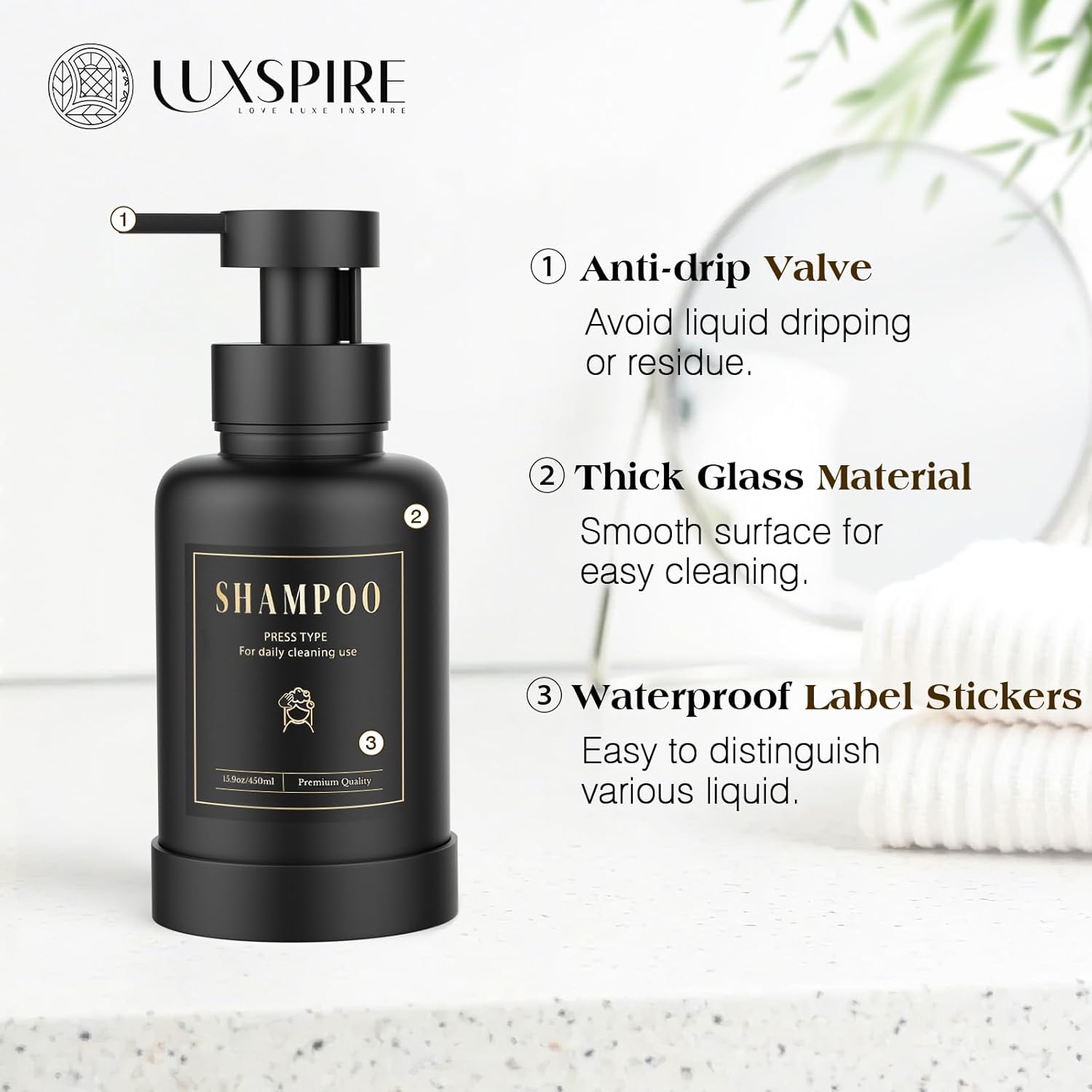 Luxspire Foaming Soap Dispenser, Glass Foam Pump Soap Dispenser, Non-Slip Hand Soap Container with