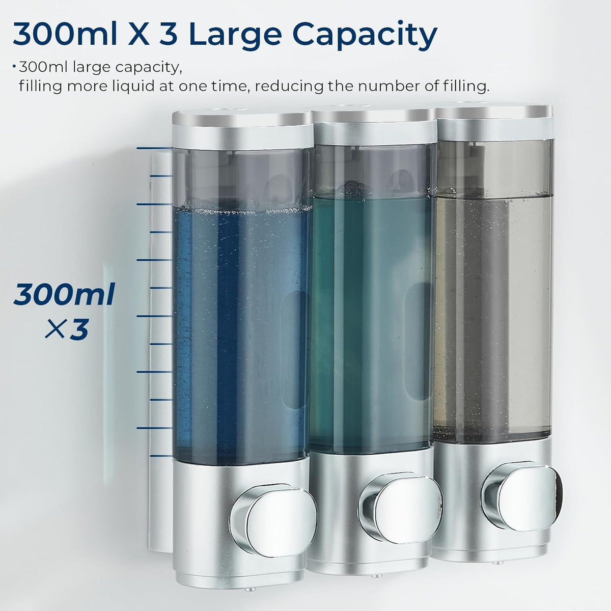 Shampoo and Conditioner Dispenser, Pollock Shower Soap Dispenser 3 Chamber No Drill, Wall Mounted