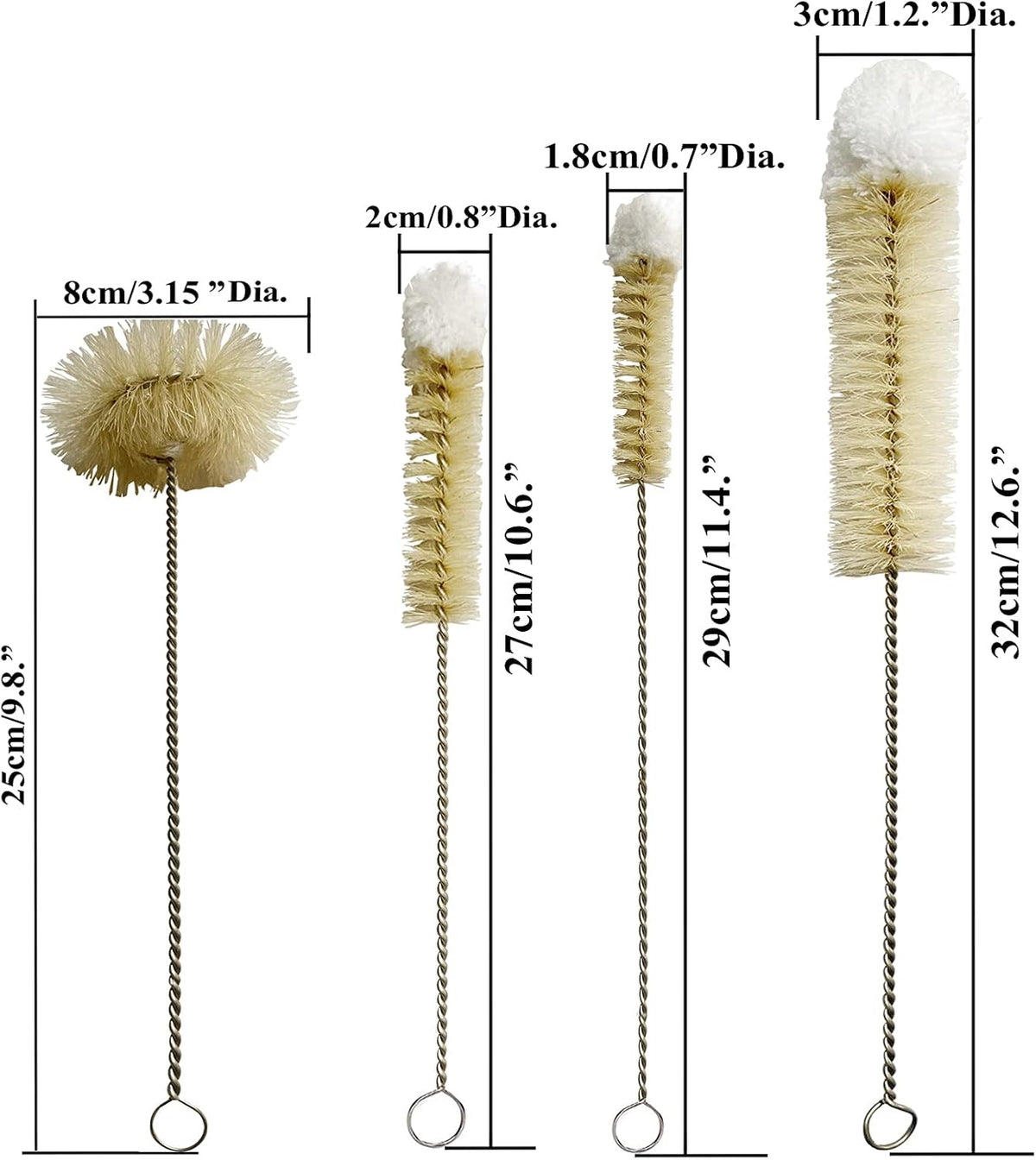 Coralpearl Bottle Brushes Thin Long Handle X 4, Skinny Wire Cleaner Set in Stainless Steel with