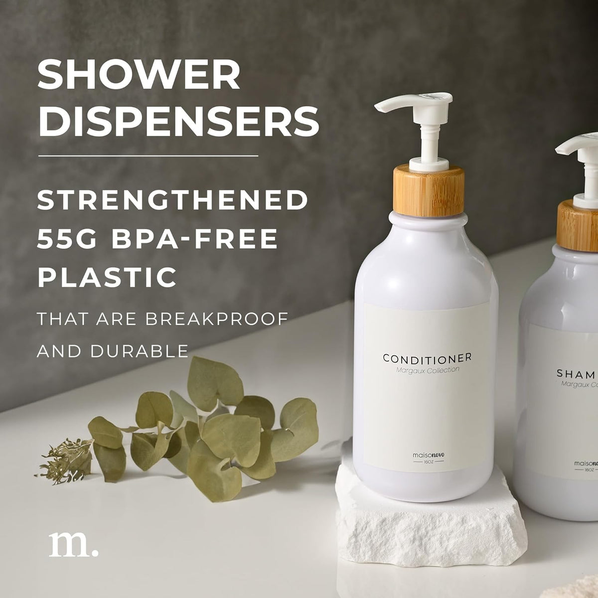 MaisoNovo Refillable Shampoo and Conditioner Bottles | 16.9 fl oz Set of 3 White Plastic Bottles