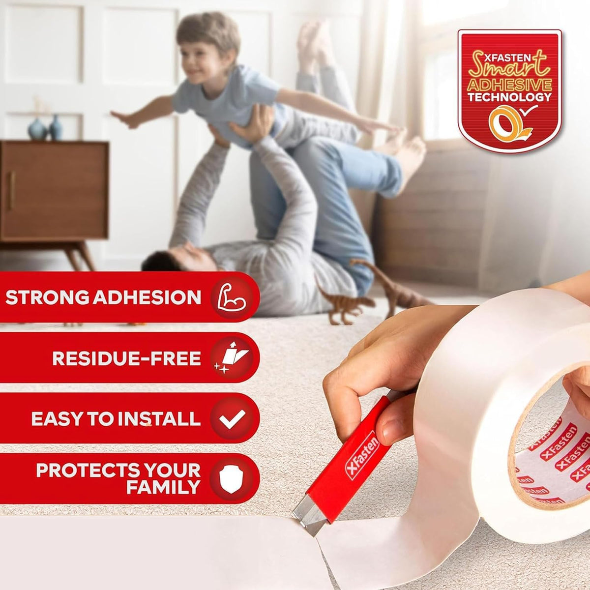 XFasten Double Sided Carpet Tape for Area Rugs 2 Inch x 30 Yards w/Mini Cutter, Residue-Free Carpet