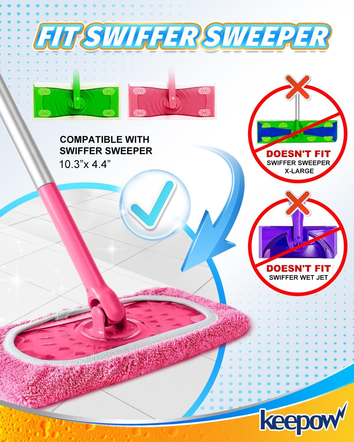 KEEPOW 6 Pack Reusable Mop Pads Compatible with Swiffer Sweeper, Coral Fleece Pink Washable Swiffer