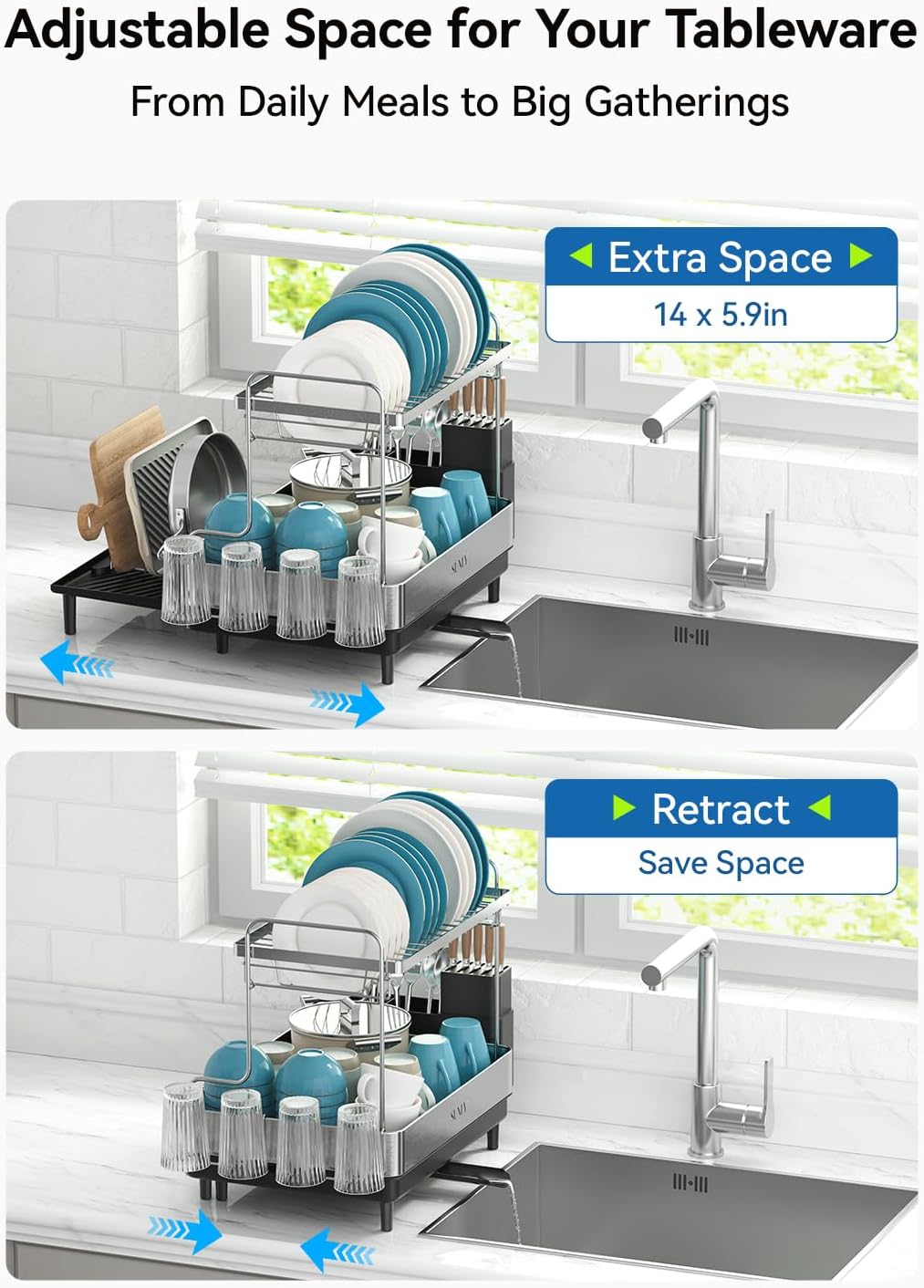 SUNLY 2 Tier Dish Drying Rack, Extra Large Dish Rack, Expandable Dish Racks for Kitchen Counter