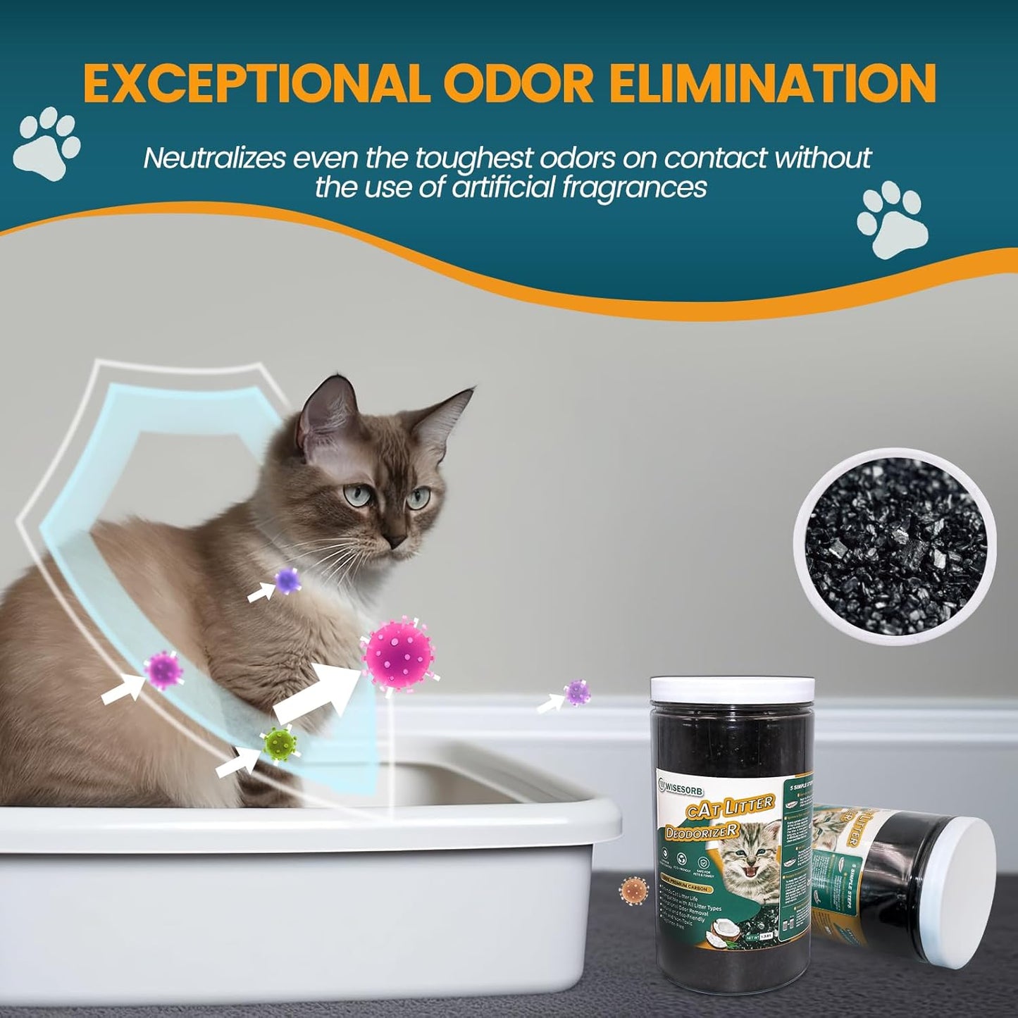 Cat Litter Deodorizer 2.4Lb Activated Carbon Litter Box Odor Eliminator Absorber Unscented Cat