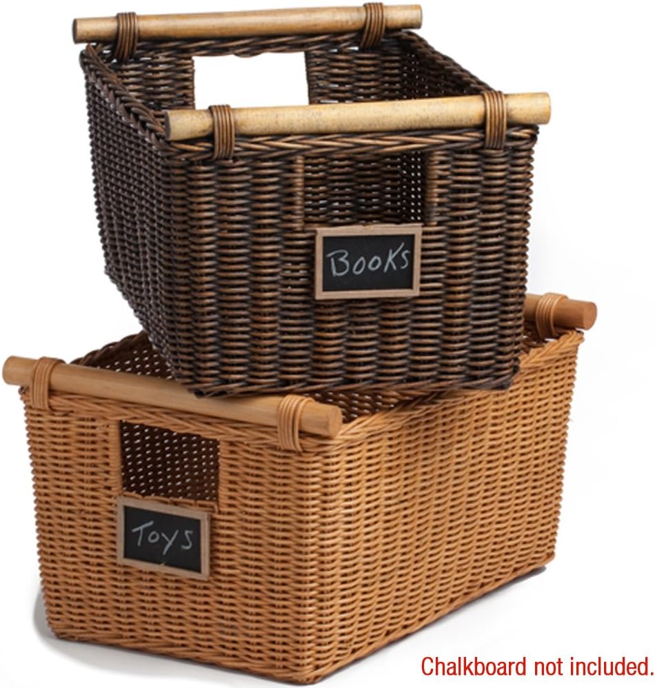 The Basket Lady Pole Handle Wicker Storage Basket, Medium, 16 in L x 12 in W x 8.25 in H, Antique