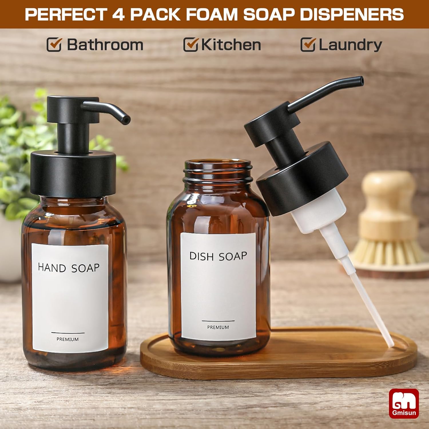GMISUN Foaming Soap Dispenser, 4 Pcs 8.5 Fl oz Amber Glass Foam Hand Soap Dispenser for Bathroom &
