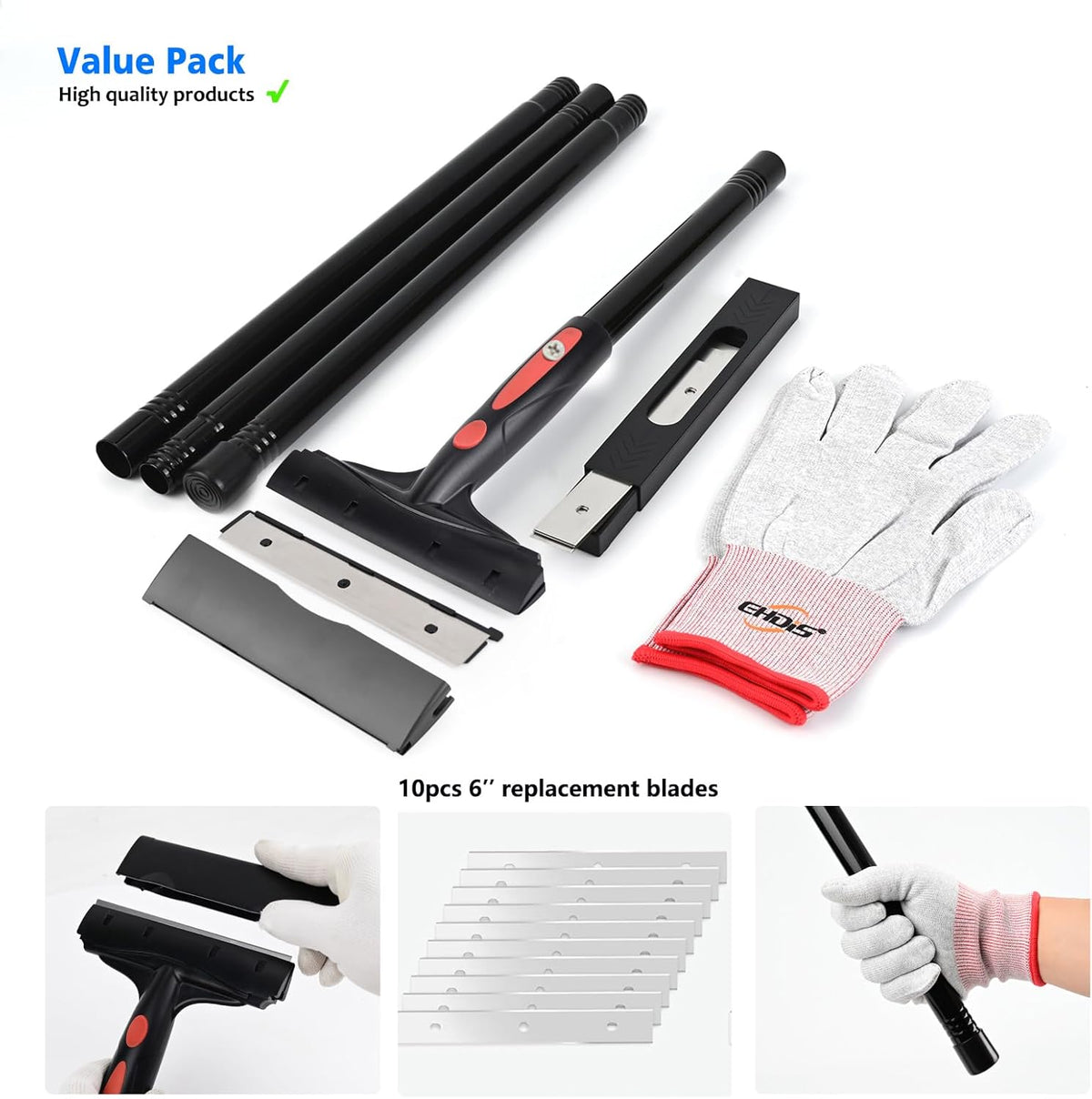 EHDIS Extenble Razor Blade Scraper, 16''-58'' Long Handle 6" Wide Blade Scraper Tool with 10