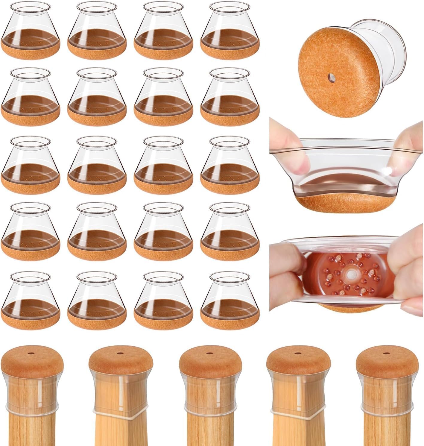 20 Pcs Chair Leg Floor Protectors for Hardwood Floors, Clear Rubber Furniture Sliders with Felt
